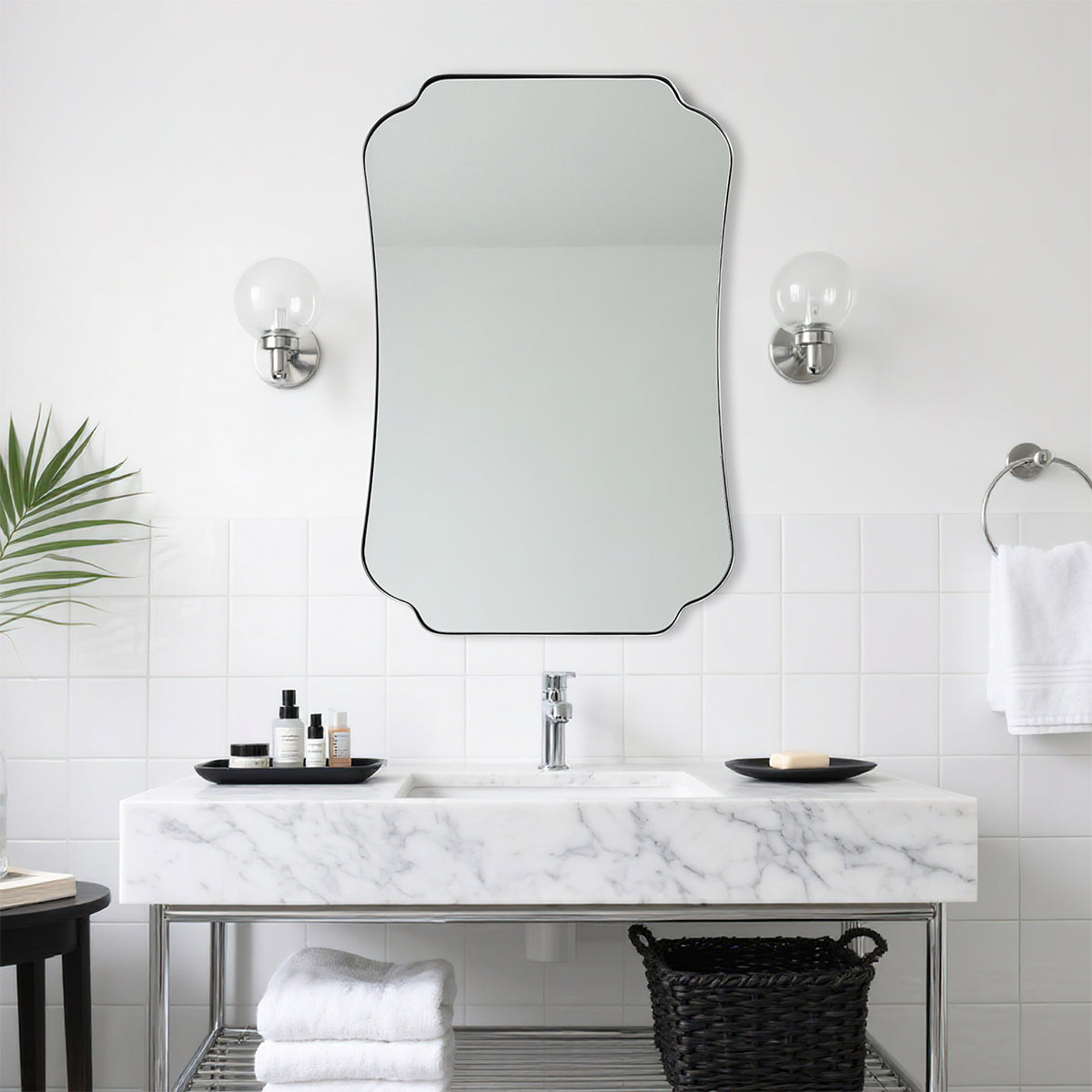 Contemporary Concave Edge Scalloped Bathroom Mirror Decorative | Stainless Steel Frame