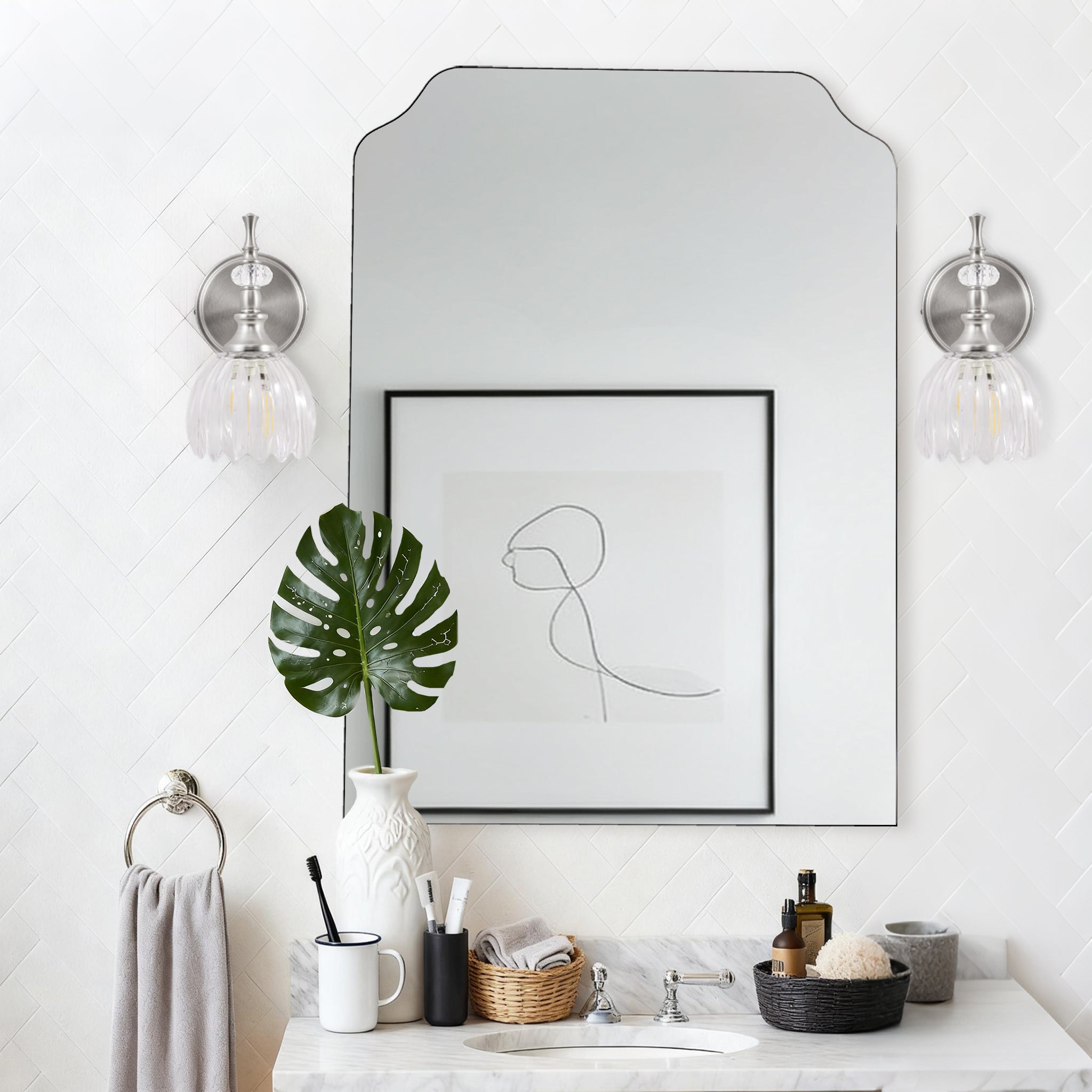 Modern Top Notched Corner Scalloped Bathroom Rectangle Vanity Wall Mirror | Stainless Steel Frame