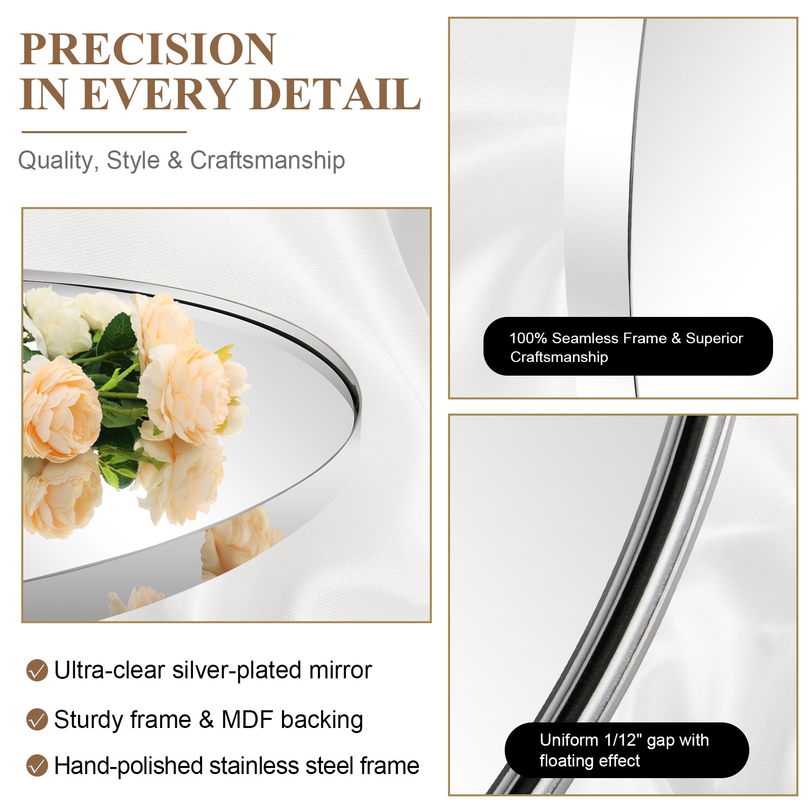 Modern Pill Shaped Capsule Wall Mirrors Long Oval Bathroom Vanity Mirror | Stainless Steel Frame