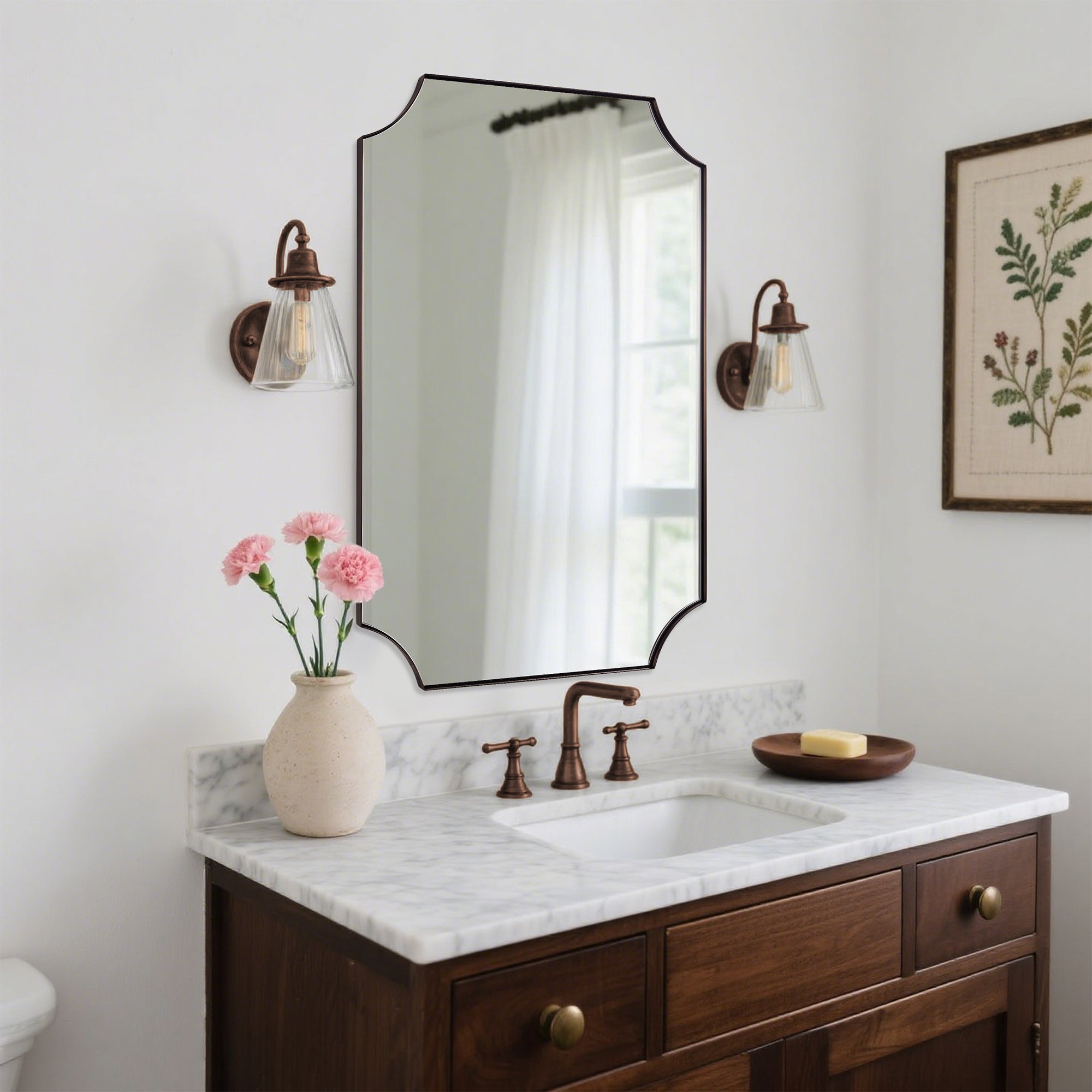 Contemporary Notched Corner Scalloped Rectangle Bathroom Vanity Mirror | Stainless Steel Frame