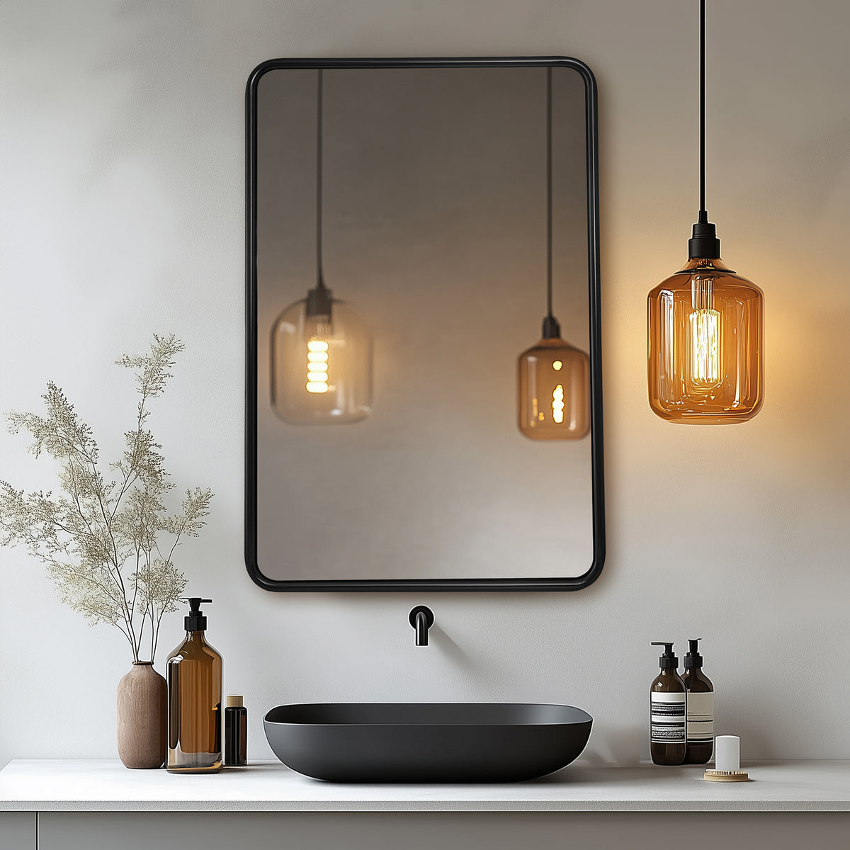 Contemporary Rectangle Bathroom Mirror |Rounded Stainless Steel Framed
