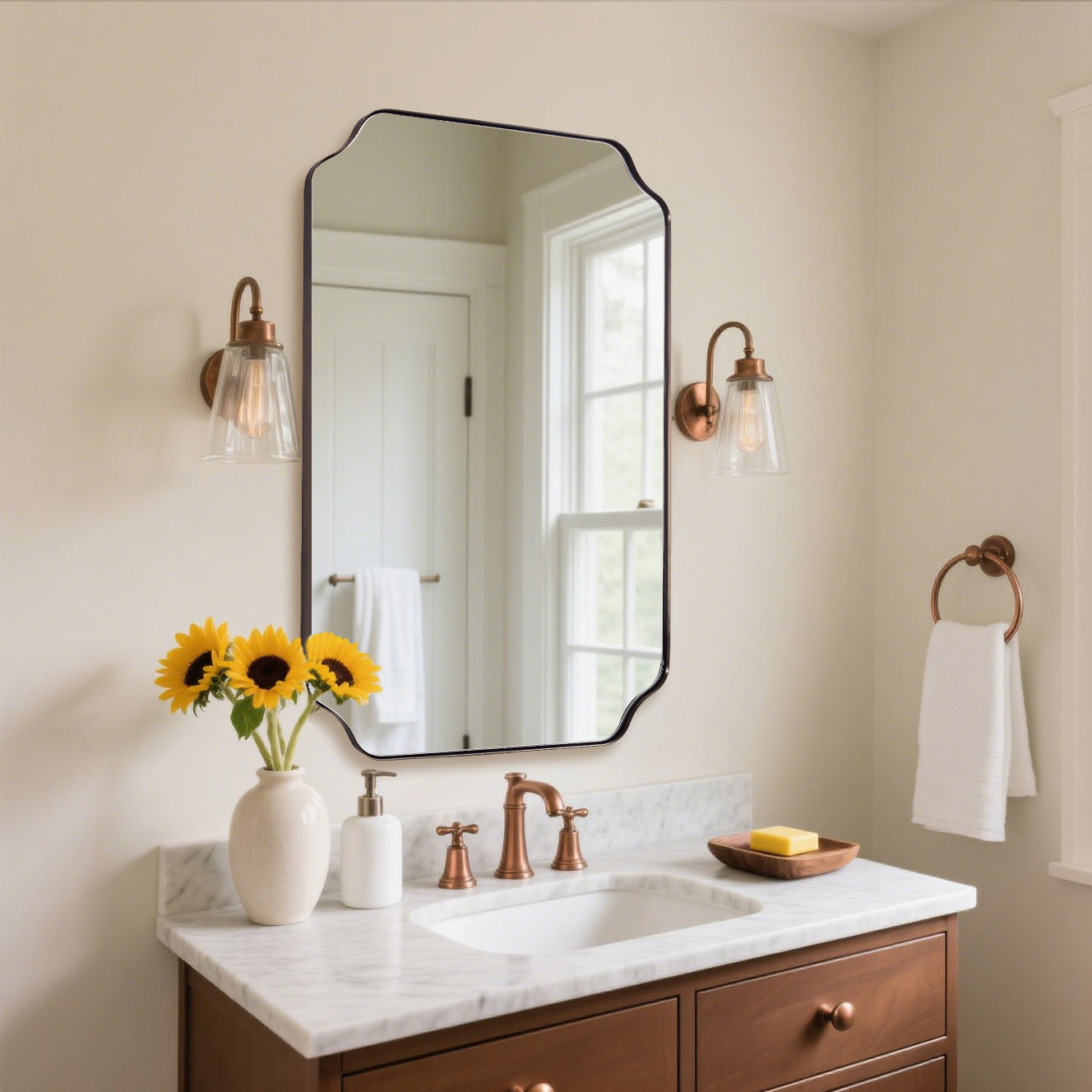 Contemporary Notched Corner Rectangle Scalloped Mirror for Wall /Bathroom | Stainless Steel Frame
