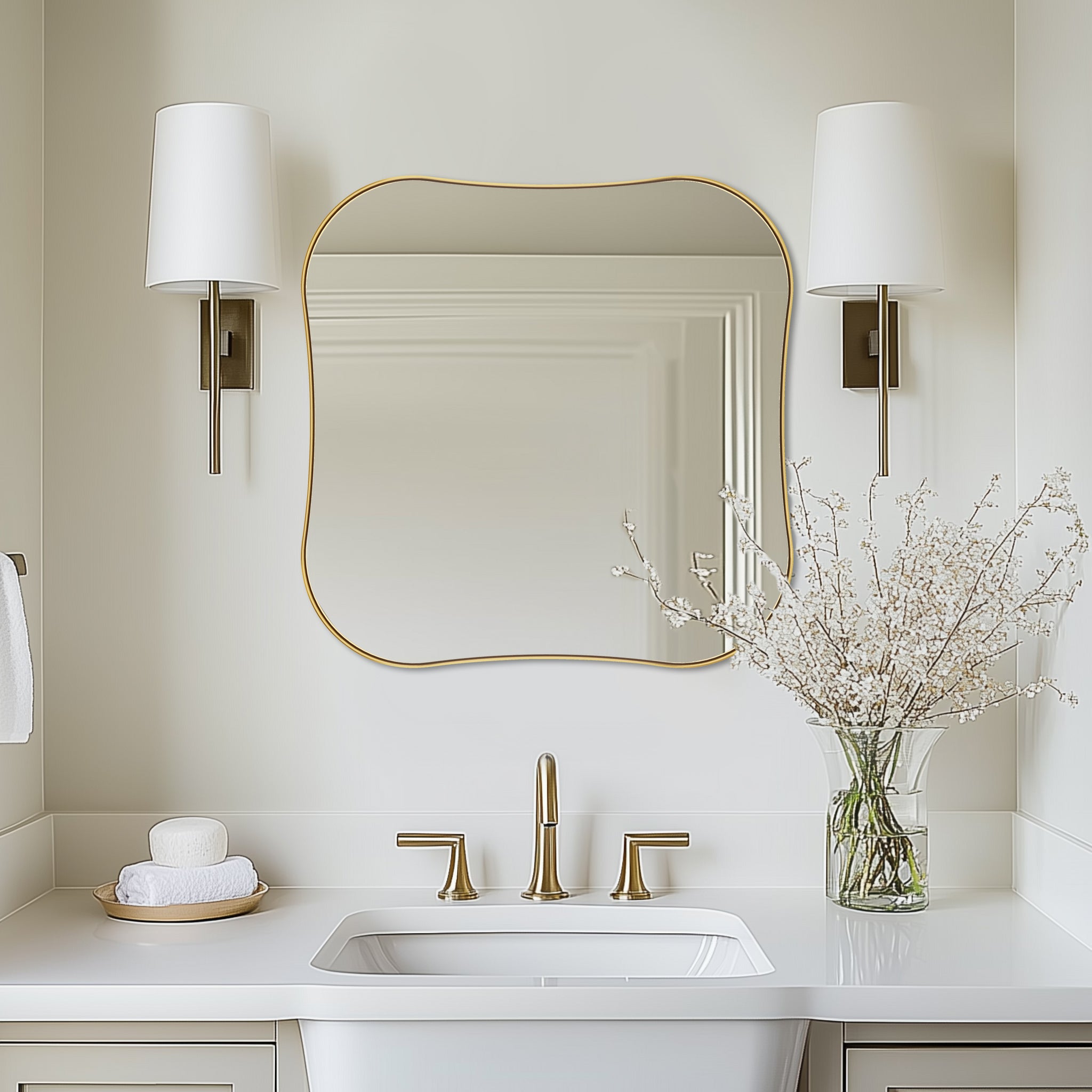Contemporary Irregular Scalloped Square Bathroom Vanity Wall Mirrors | Stainless Steel Frame