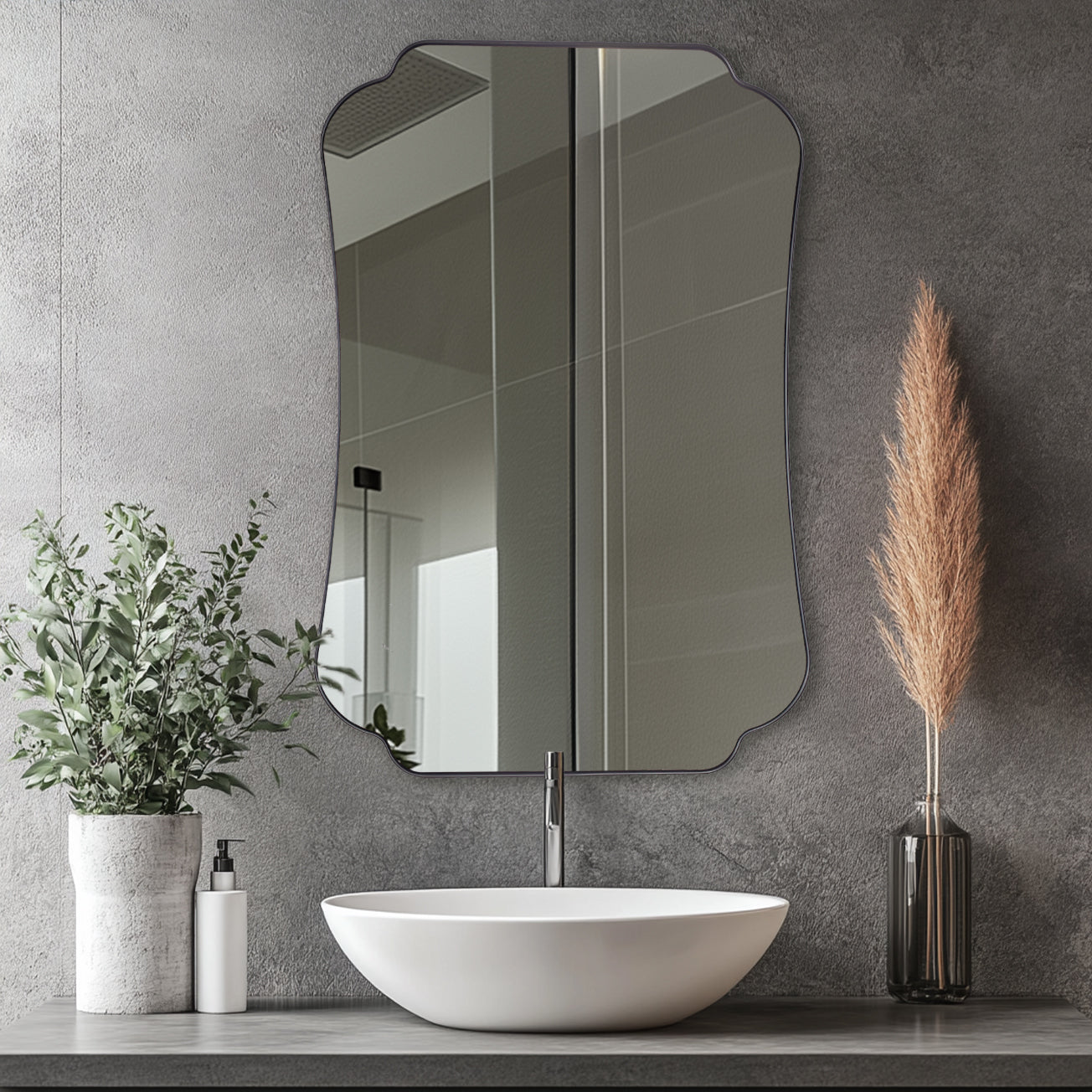 Contemporary Concave Edge Scalloped Bathroom Mirror Decorative | Stainless Steel Frame