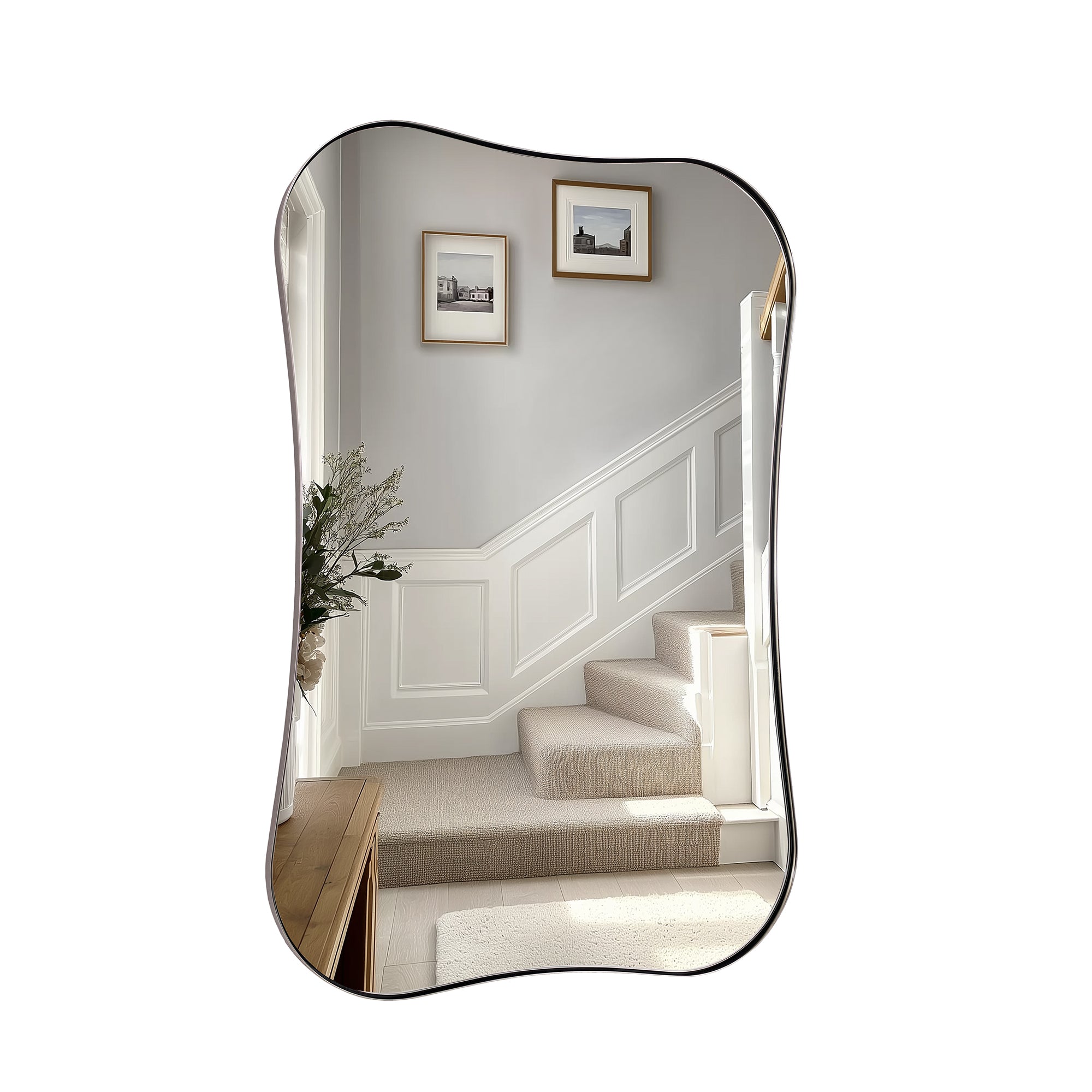Contemporary Dual Concave Edge Rouded Scalloped Rectangle Wall Mirror | Stainless Steel Frame