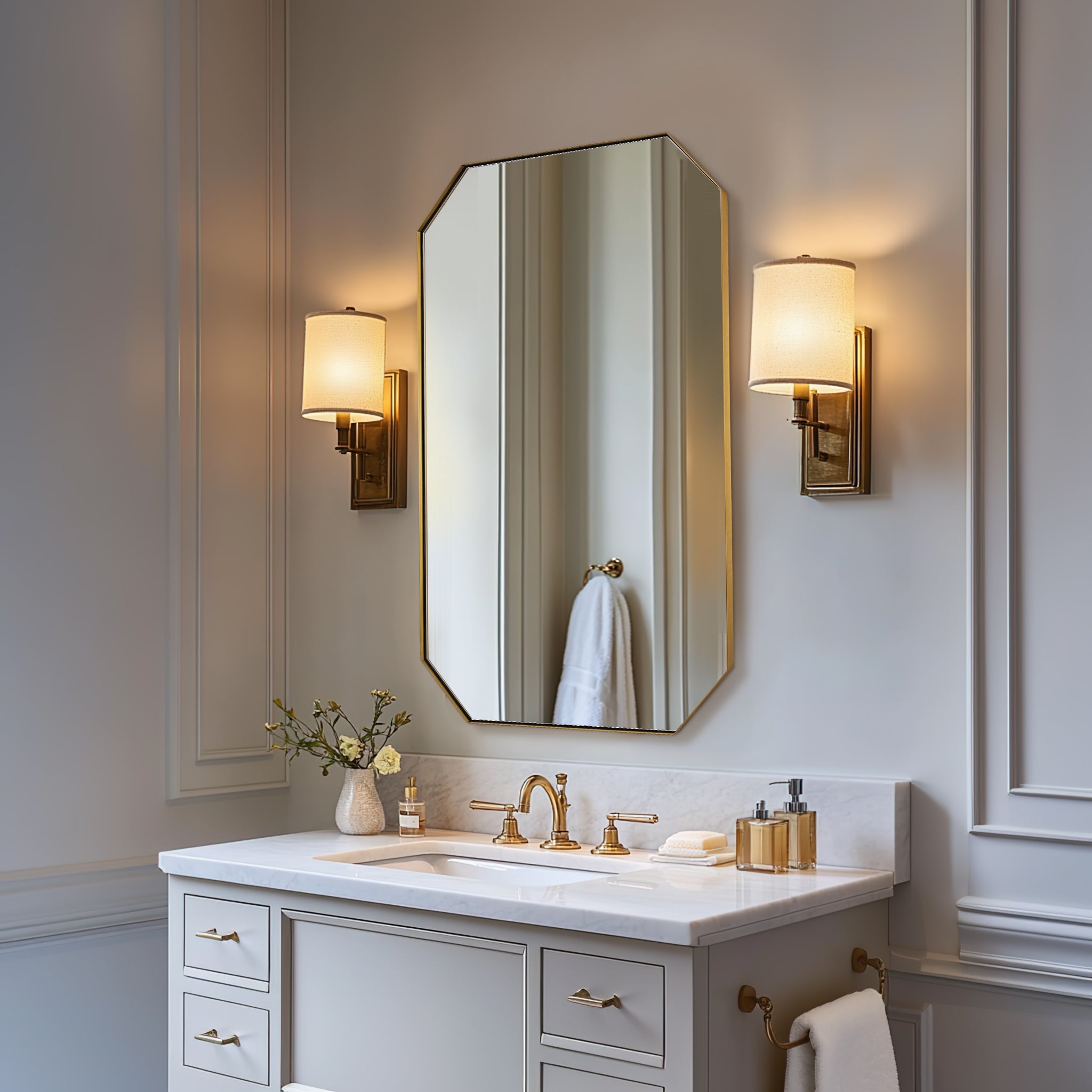 Contemporary Cut Corner Octagonal Scalloped Rectangle Mirror for Bathroom  |Stainless Steel Frame