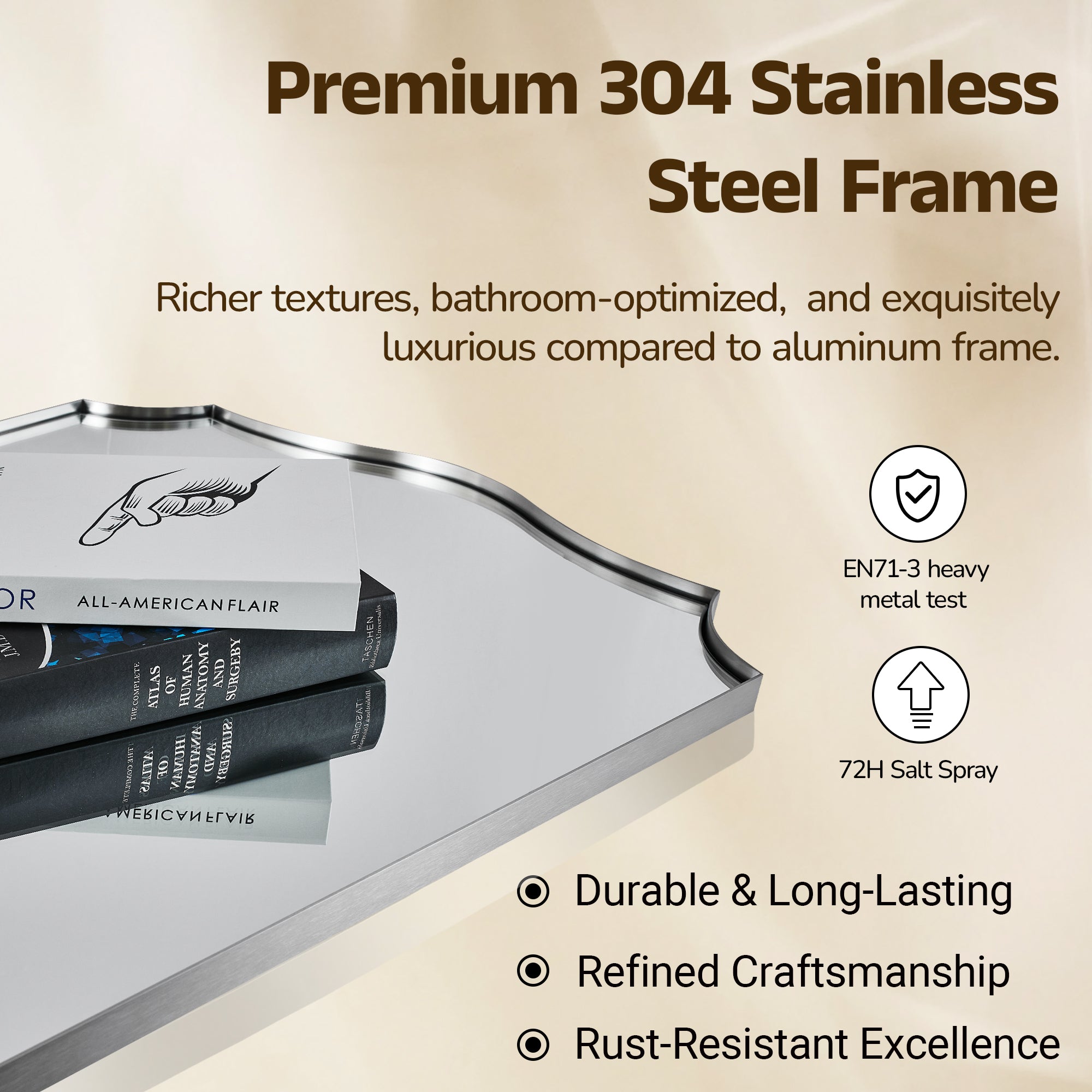 Traditional Rectangle Scalloped Wall Mirror for Bathroom | Stainless Steel Frame