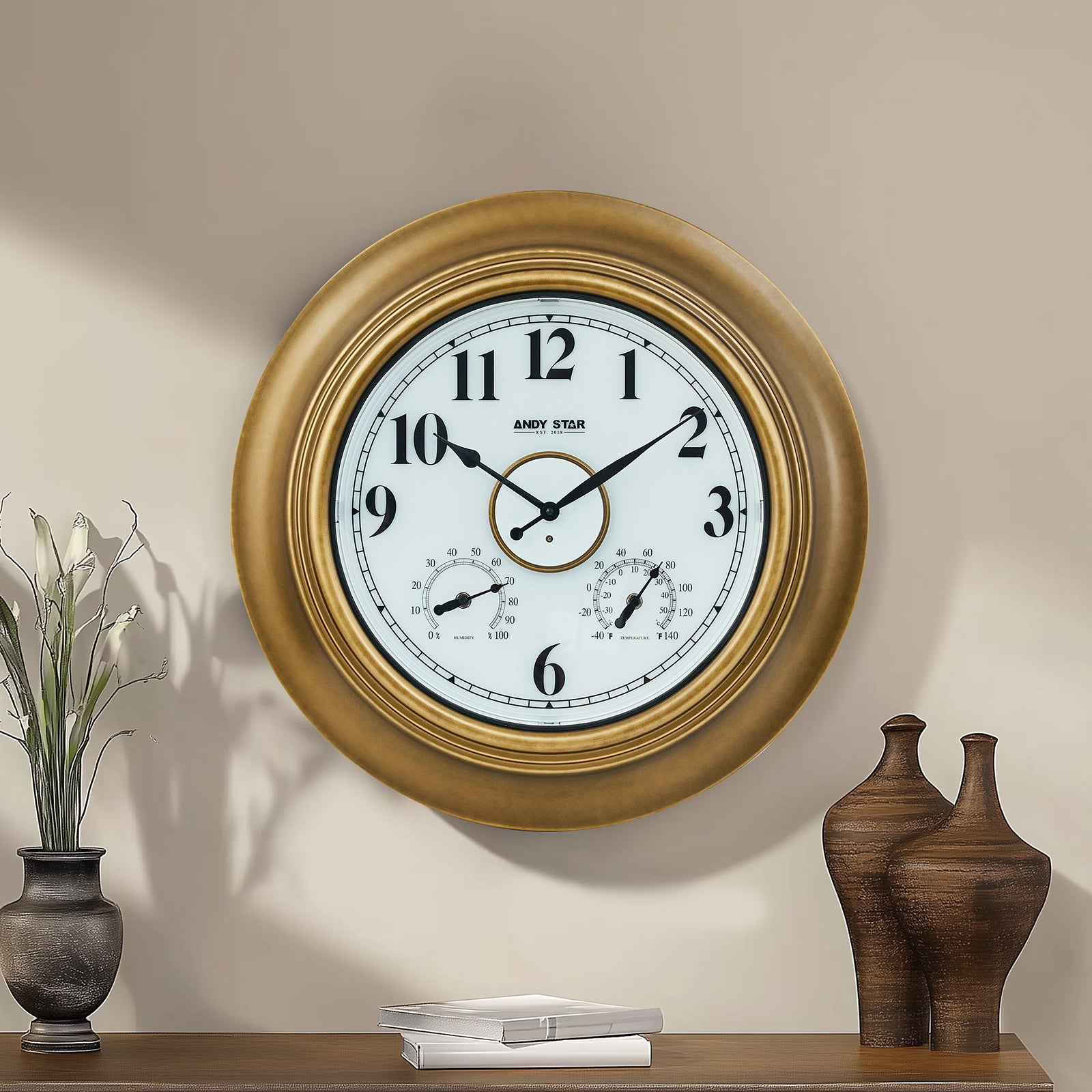 21 Inch Brass Large Outdoor Wall Clock with Thermometer Weatherproof Illuminated