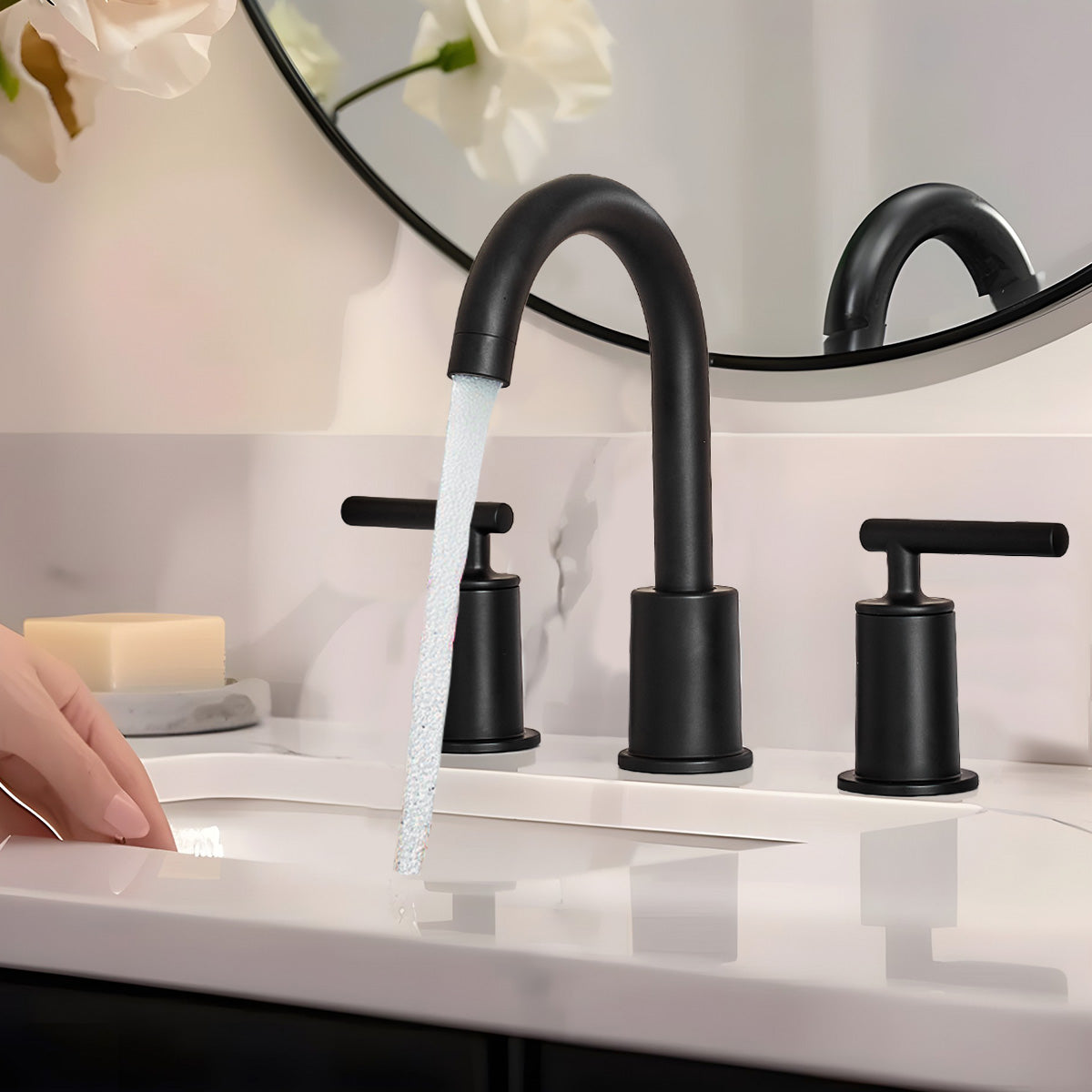 ANDY STAR Bathroom Faucet 3 Hole, 360 Degree Swivel Spout Bathroom Sink Faucet with 2 Level Handle of Hot&Cold Water Control