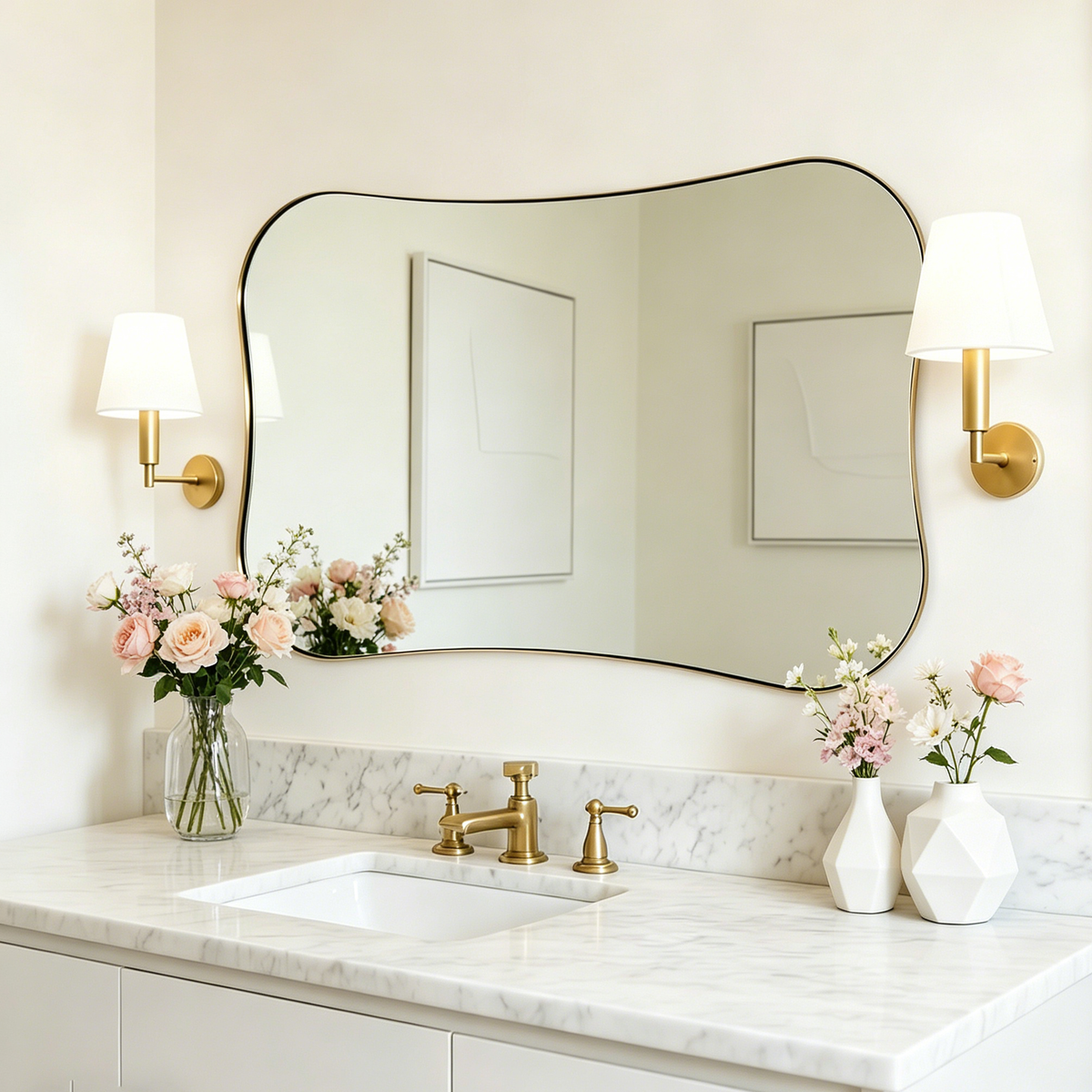Contemporary Dual Concave Edge Rouded Scalloped Rectangle Wall Mirror | Stainless Steel Frame