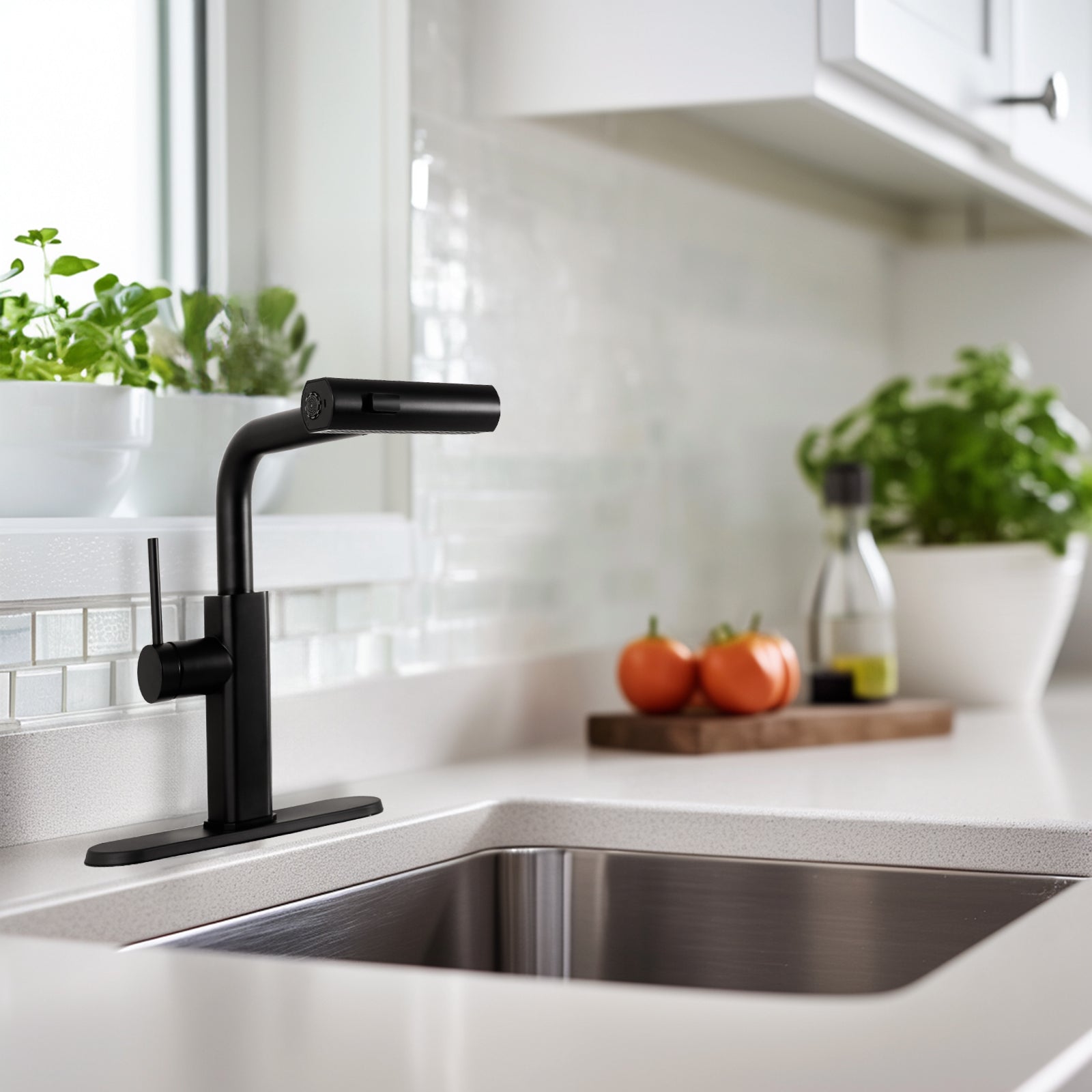Modern Stainless Steel Single Hole Kitchen Faucet with Pull-Out Sprayer