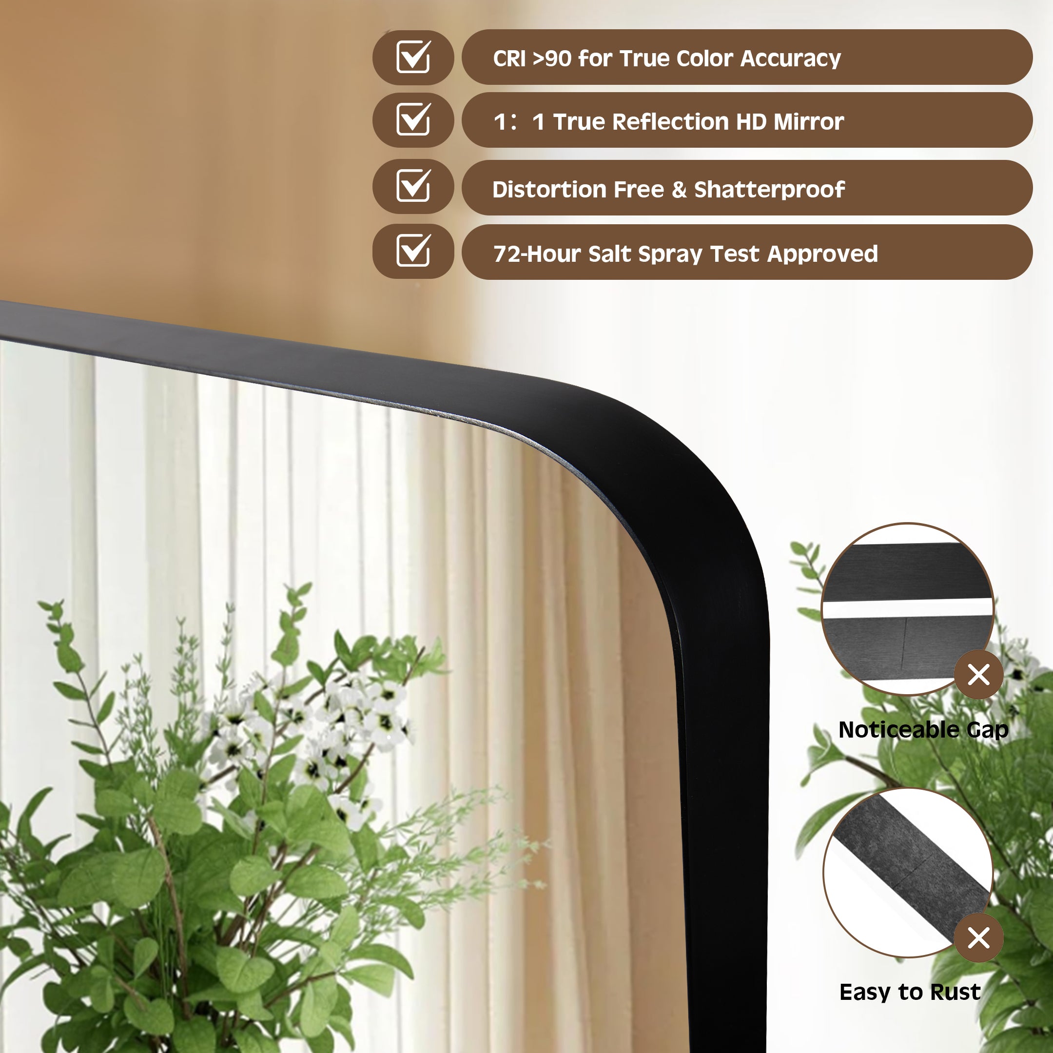 Modern Rounded Rectangle Mirror for Bathroom/ Vanity/ Wall | Stainless Steel Frame