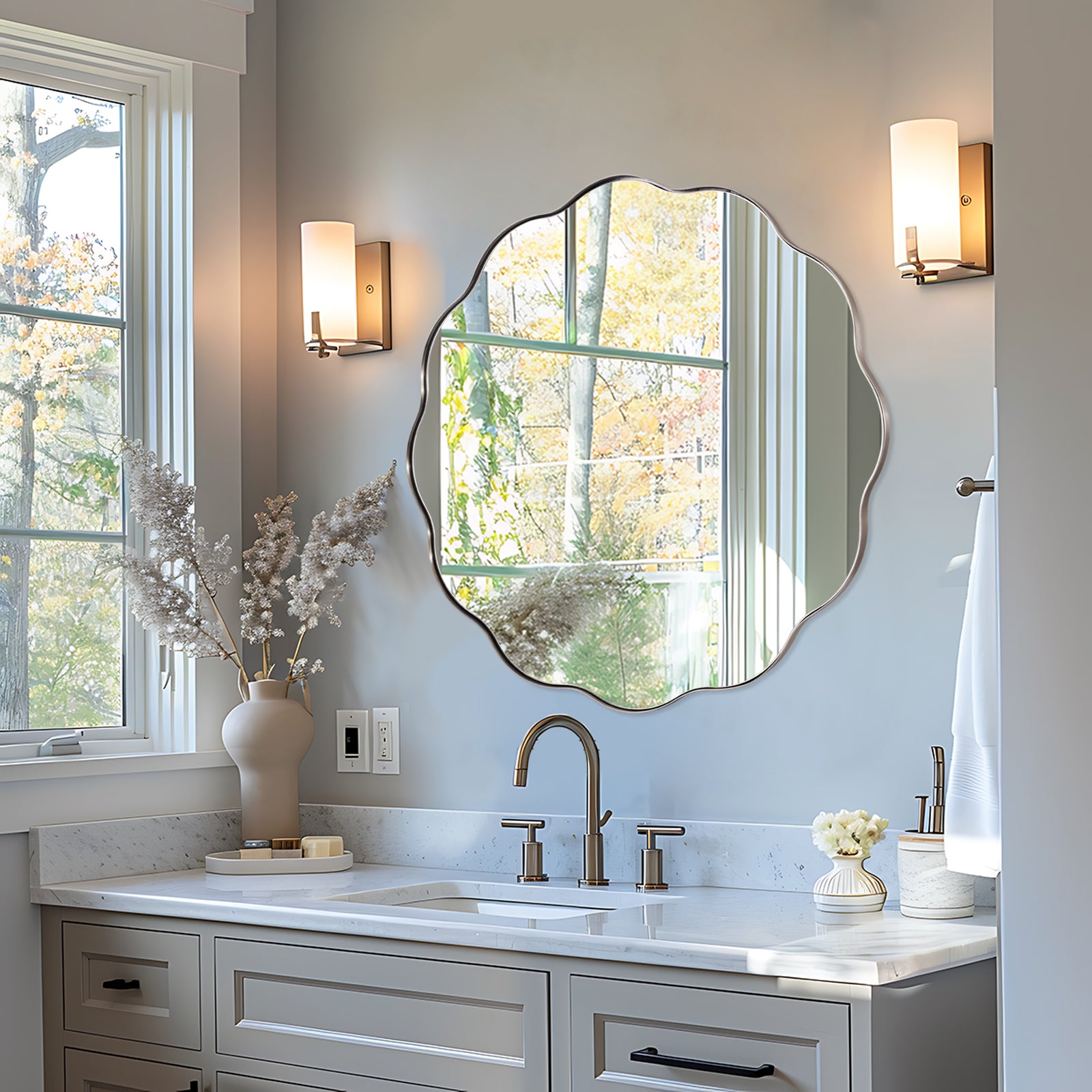 Contemporary Round Scalloped Mirror Wavy Circle Bathroom Vanity Mirror | Stainless Steel Frame