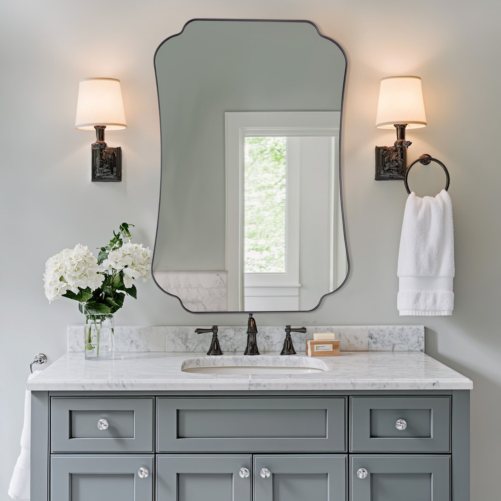 Contemporary Concave Edge Scalloped Bathroom Mirror Decorative | Stainless Steel Frame