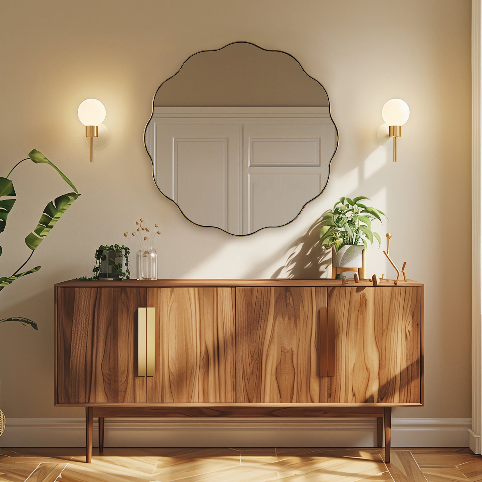 Contemporary Round Scalloped Mirror Wavy Circle Bathroom Vanity Mirror | Stainless Steel Frame