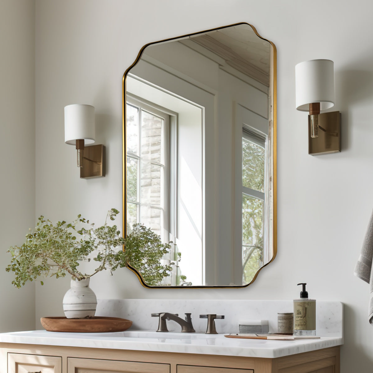 Contemporary Notched Corner Rectangle Scalloped Mirror for Wall /Bathroom | Stainless Steel Frame