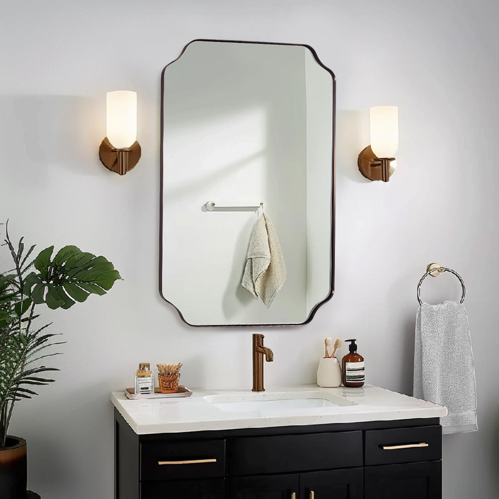 Contemporary Notched Corner Rectangle Scalloped Mirror for Wall /Bathroom | Stainless Steel Frame
