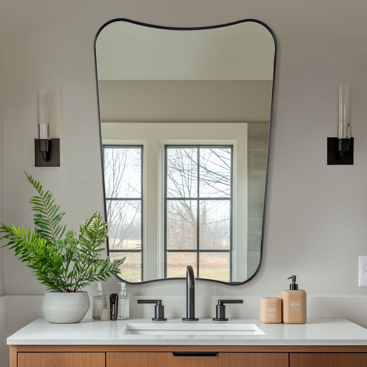 Contemporary Asymmetrical Irregular Wall Mirror for Bathroom |Stainless Steel Frame