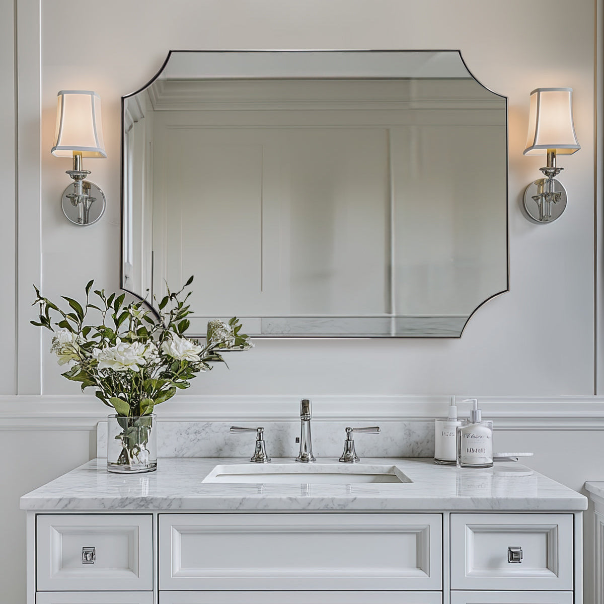 Contemporary Rounded Notched Corner Scalloped Rectangle Bathroom Vanity Mirror | Stainless Steel Frame