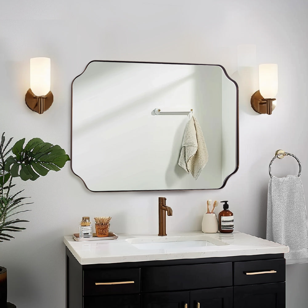 Contemporary Rounded Notched Corner Irregular Scalloped Mirror for Wall /Bathroom | Stainless Steel Frame