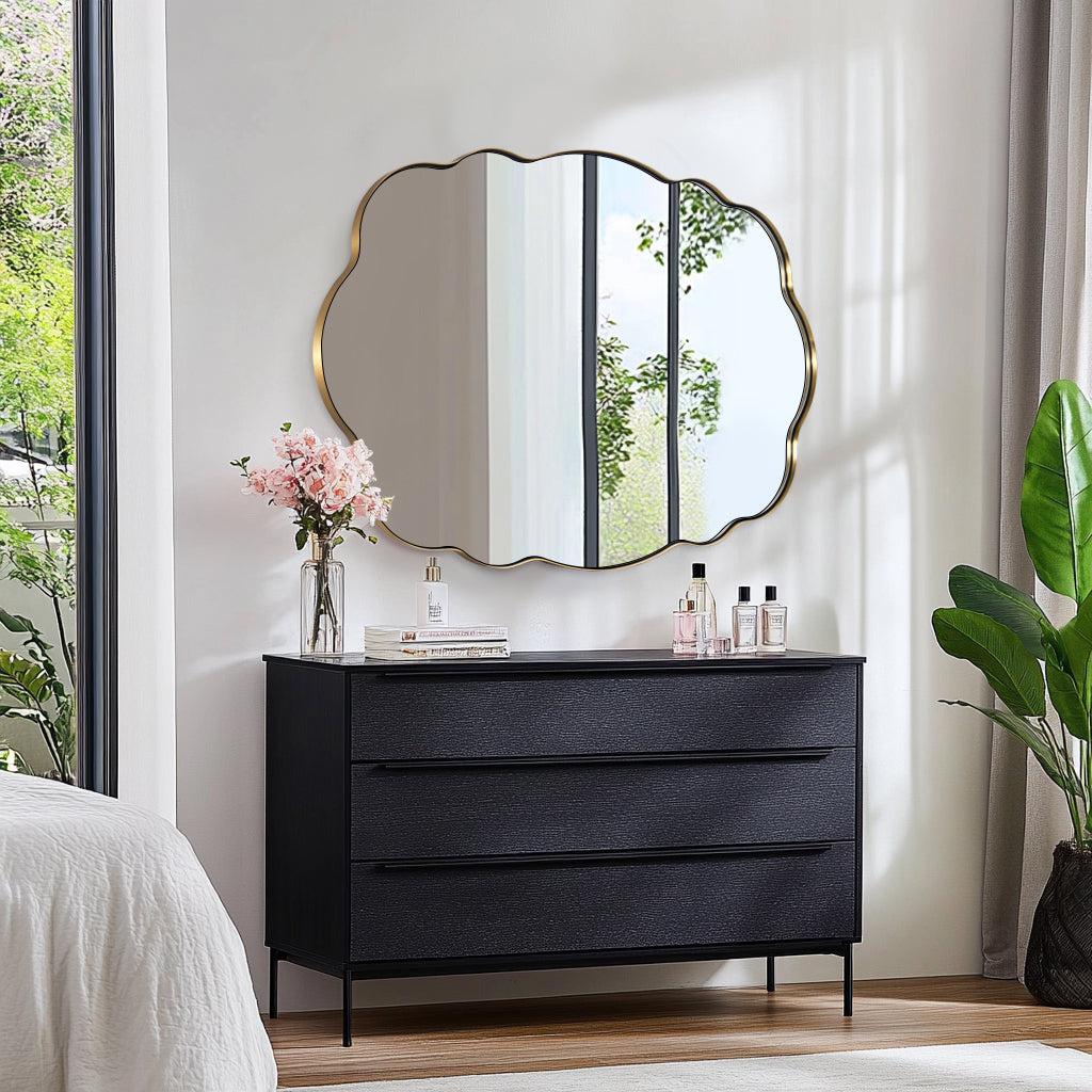 Contemporary Wavy Oval Scalloped Bathroom Vanity Mirror Irregular Decorative Mirror| Stainless Steel Framed