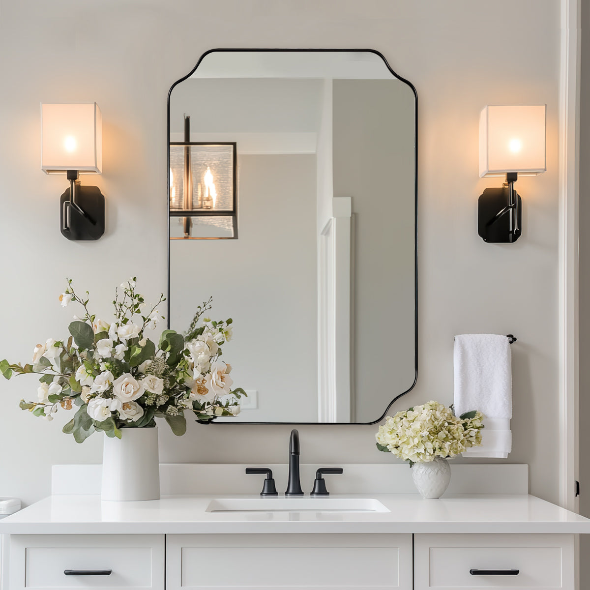 Contemporary Notched Corner Rectangle Scalloped Mirror for Wall /Bathroom | Stainless Steel Frame