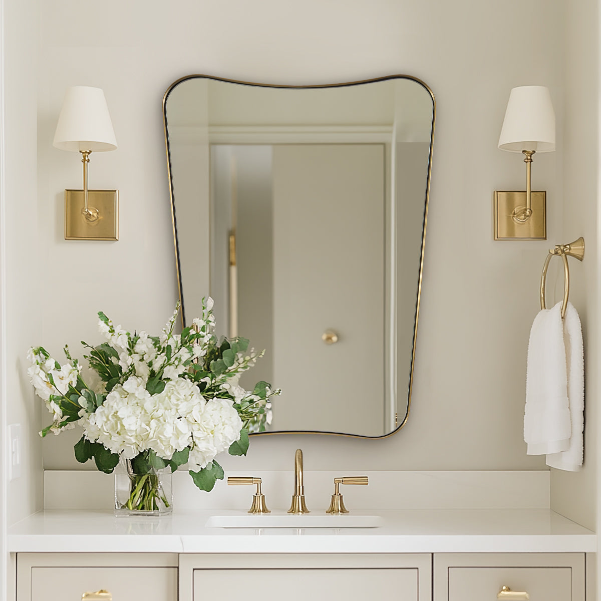 Modern Concave Top Rectangle Irregular Scalloped Bathroom Wall Mirror |Stainless Steel Frame