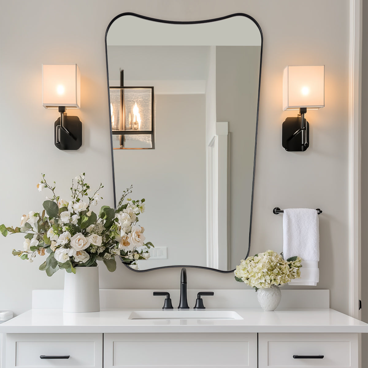 Modern Concave Top Rectangle Irregular Scalloped Bathroom Wall Mirror |Stainless Steel Frame
