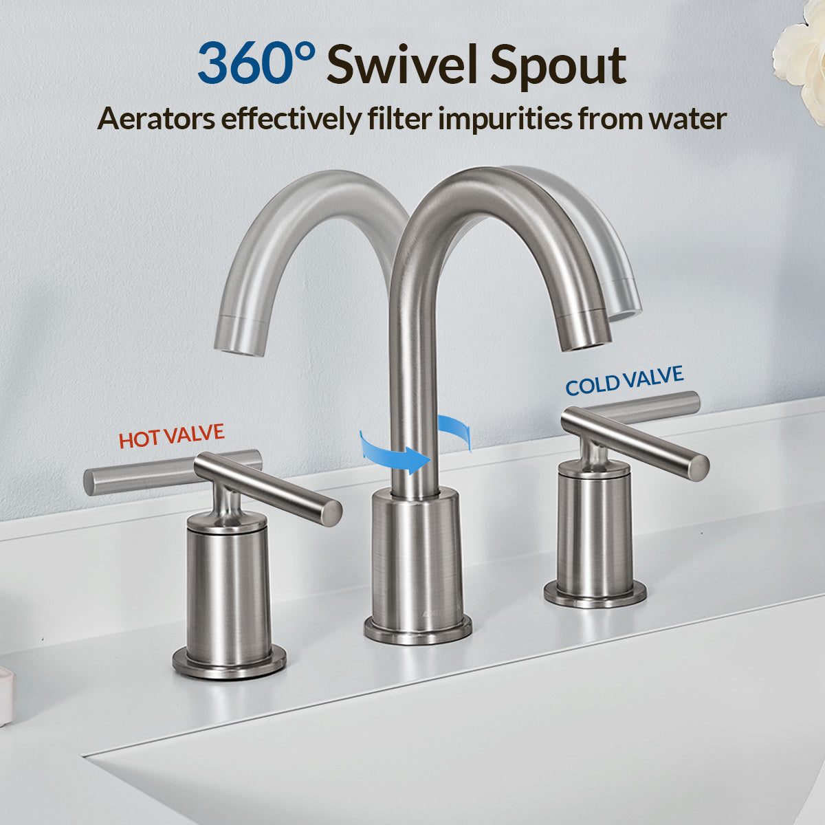 ANDY STAR Bathroom Faucet 3 Hole, 360 Degree Swivel Spout Bathroom Sink Faucet with 2 Level Handle of Hot&Cold Water Control