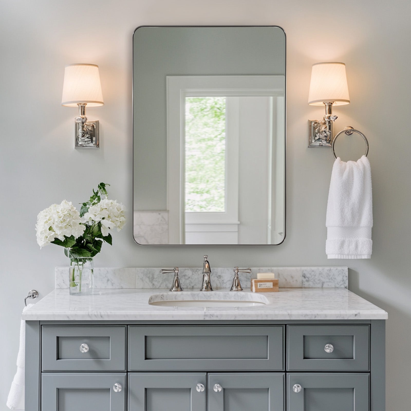 Open Box Like New : Modern Rounded Rectangle Mirror for Bathroom/ Vanity/ Wall | Stainless Steel Frame