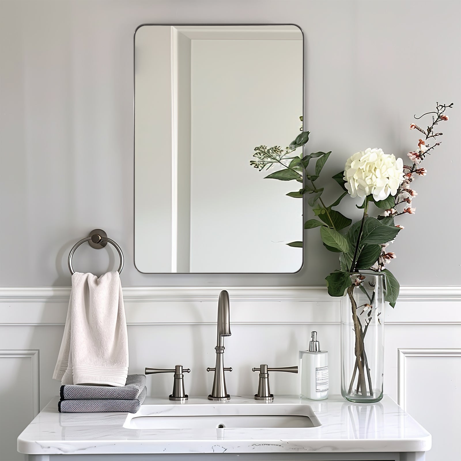 Open Box Like New : Modern Rounded Rectangle Mirror for Bathroom/ Vanity/ Wall | Stainless Steel Frame