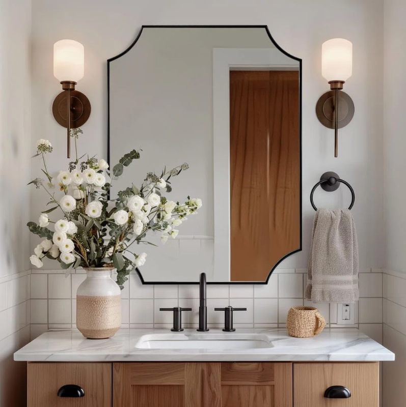 Contemporary Rounded Notched Corner Scalloped Rectangle Bathroom Vanity Mirror | Stainless Steel Frame