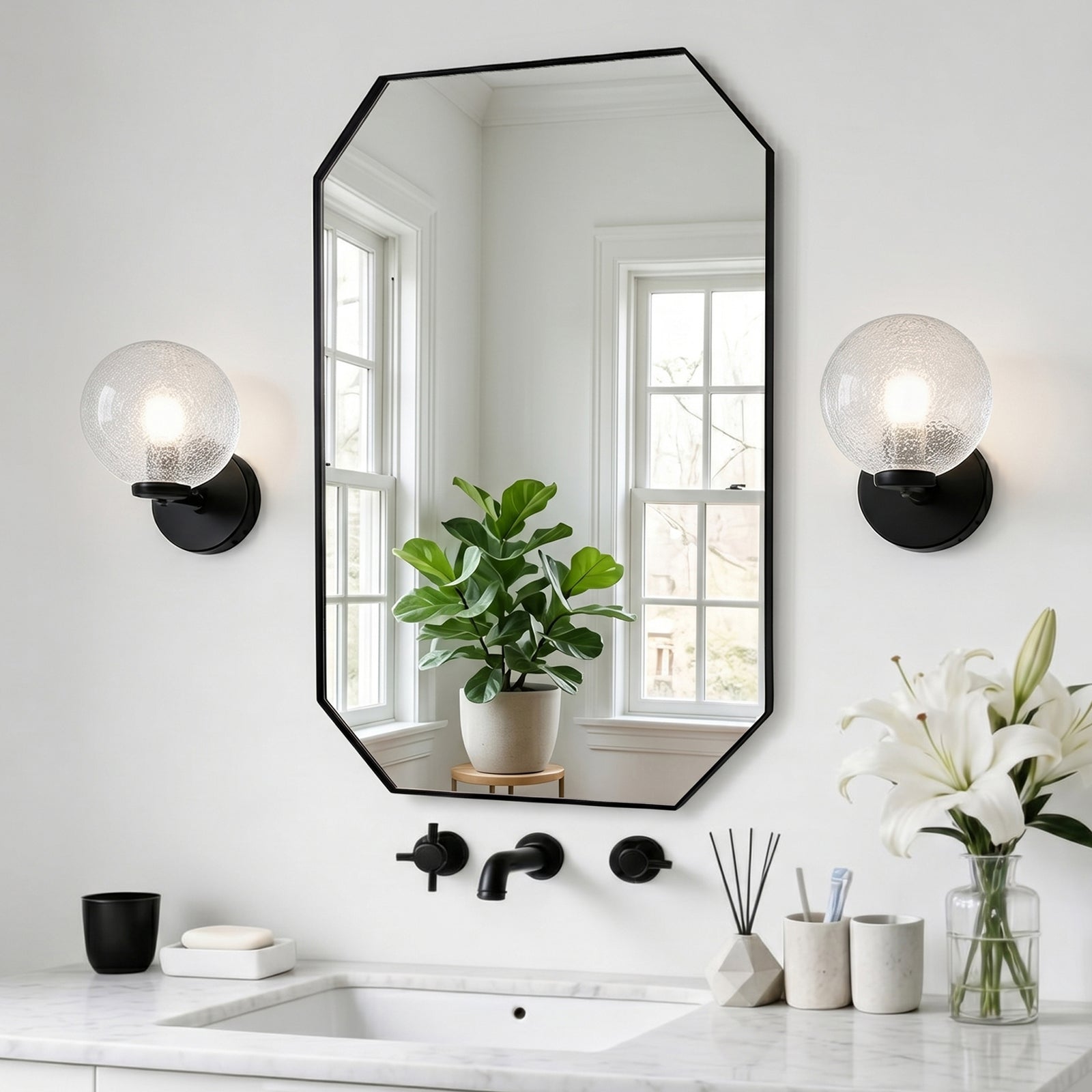 Contemporary Cut Corner Octagonal Scalloped Rectangle Mirror for Bathroom |Stainless Steel Frame