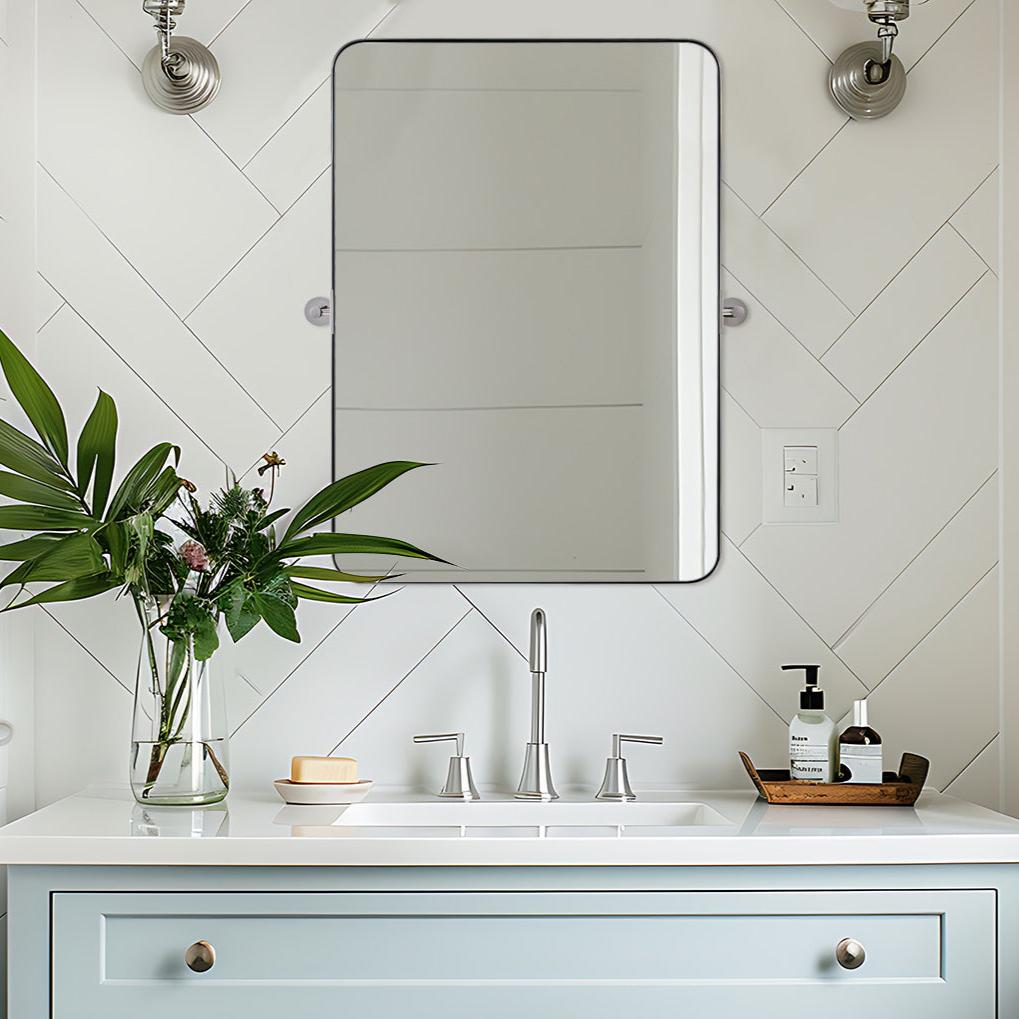 Open Box Like New: Tilting Pivot Rectangular Bathroom Mirrors | Stainless Steel Frame