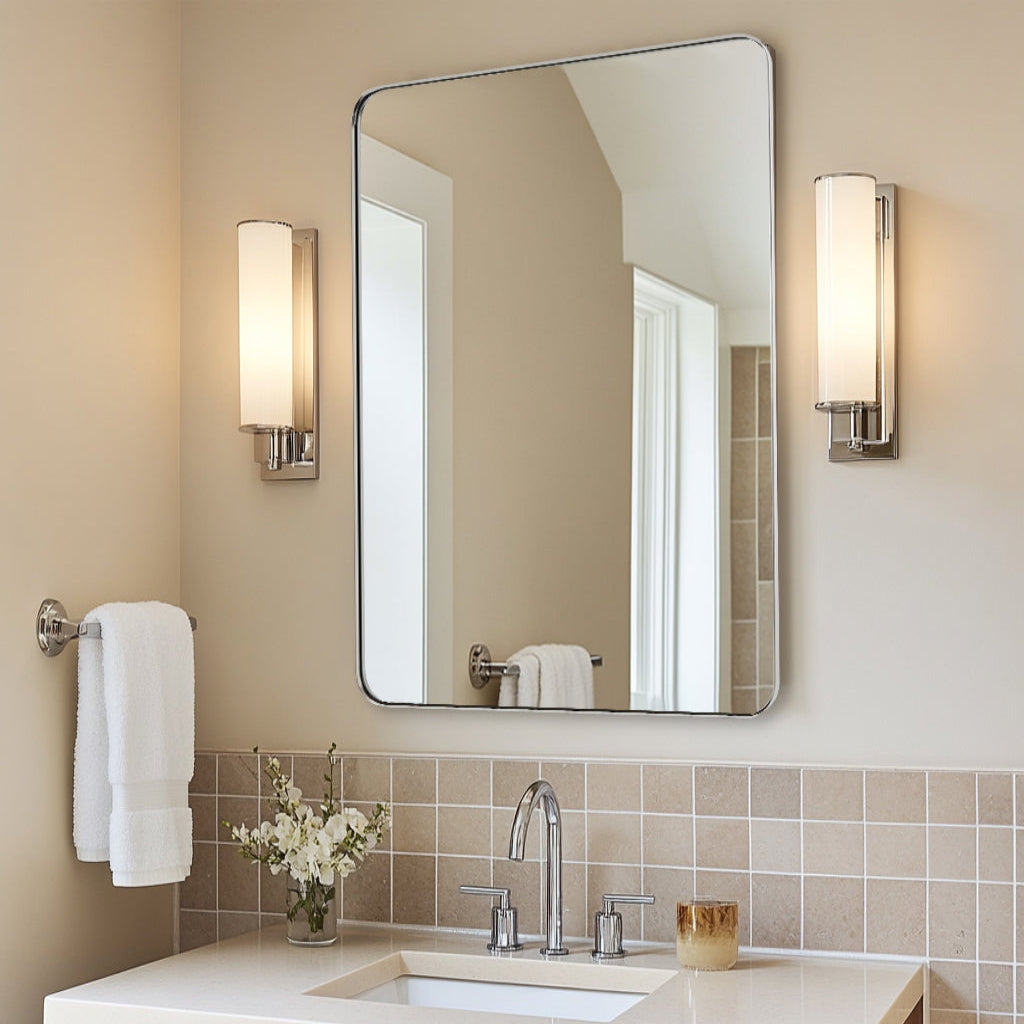 Open Box Like New : Modern Rounded Rectangle Mirror for Bathroom/ Vanity/ Wall | Stainless Steel Frame