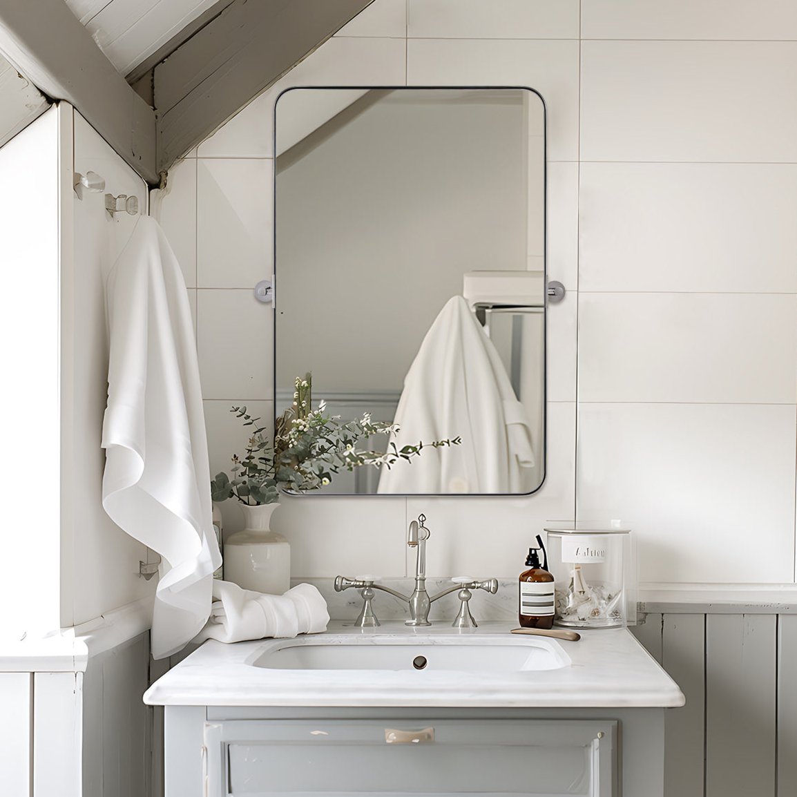 Tilting Rectangular Pivot Mirror for Bathroom/Vanity | Stainless Steel Frame