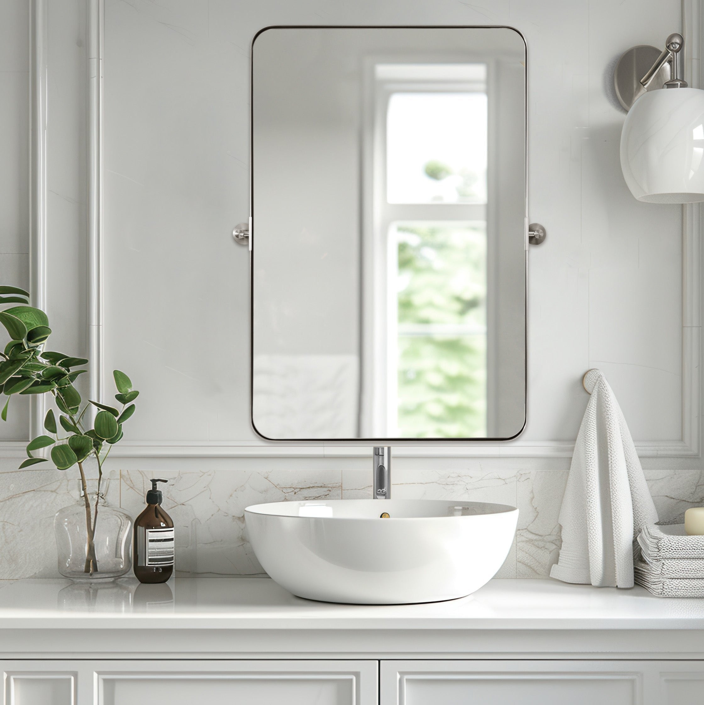 Open Box Like New: Tilting Pivot Rectangular Bathroom Mirrors | Stainless Steel Frame