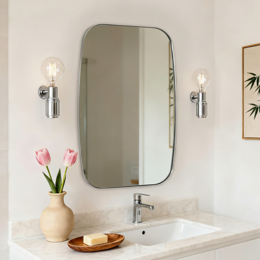 Modern Oblong Bathroom Mirror Long Oval Mirror | Stainless Steel Frame