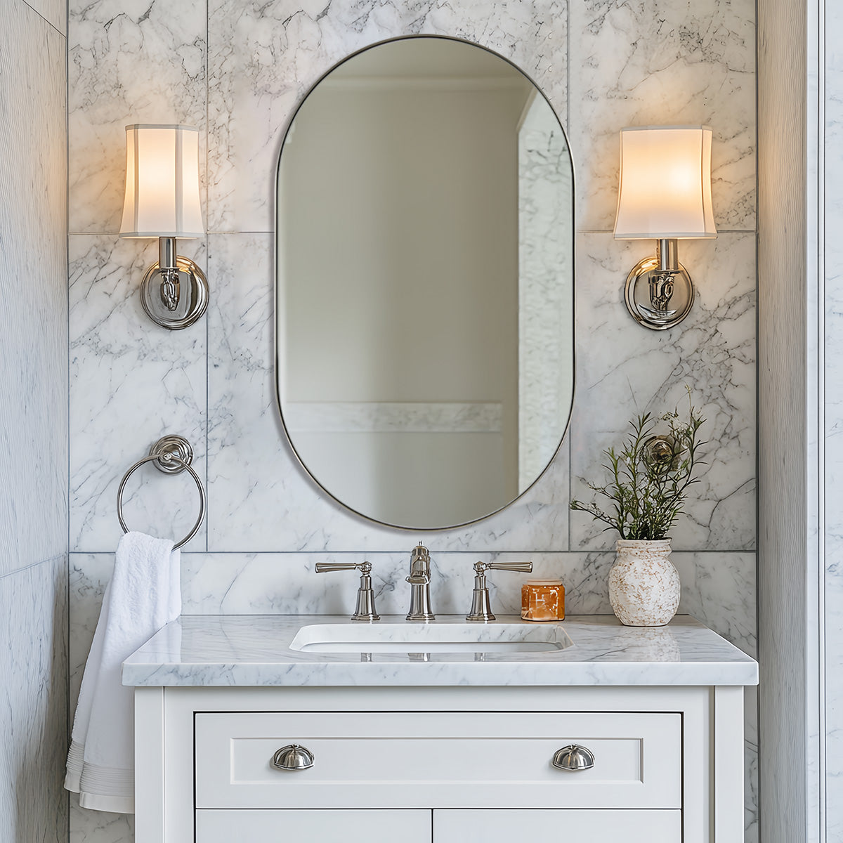 Open Box Like New : Contemporary Pill / Capsule Shaped Bathroom Wall Mirrors | Stainless Steel Framed