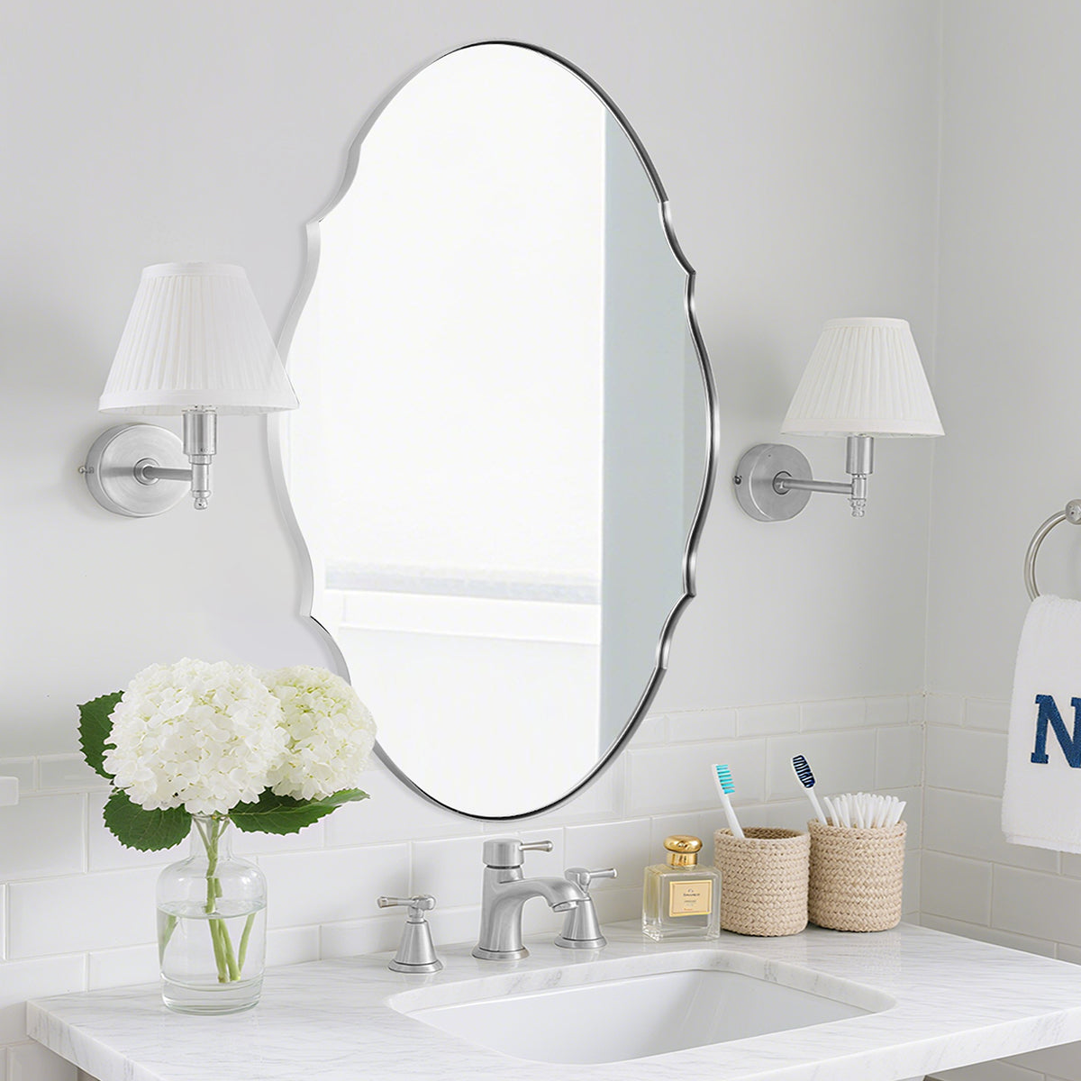 Contemporary Oval Scalloped Wall Mirror Irregular Bathroom Vanity Mirror| Stainless Steel Frame