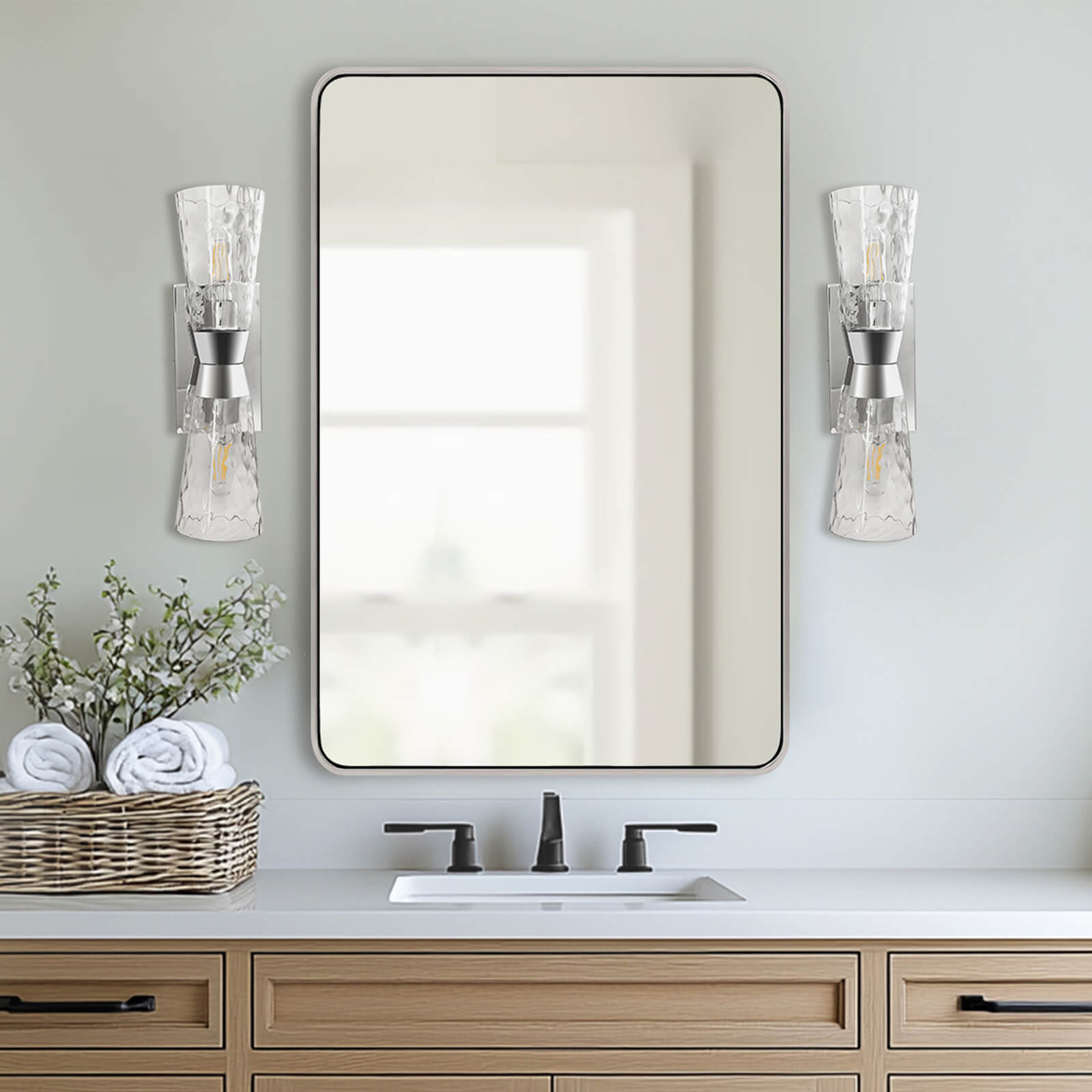 Artistic Double Sconce Flared Hammer Glass Shade Bathroom Light Fixtures
