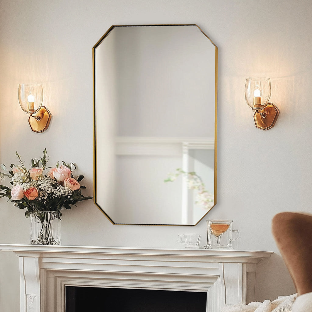 Contemporary Cut Corner Octagonal Scalloped Rectangle Mirror for Bathroom  |Stainless Steel Frame