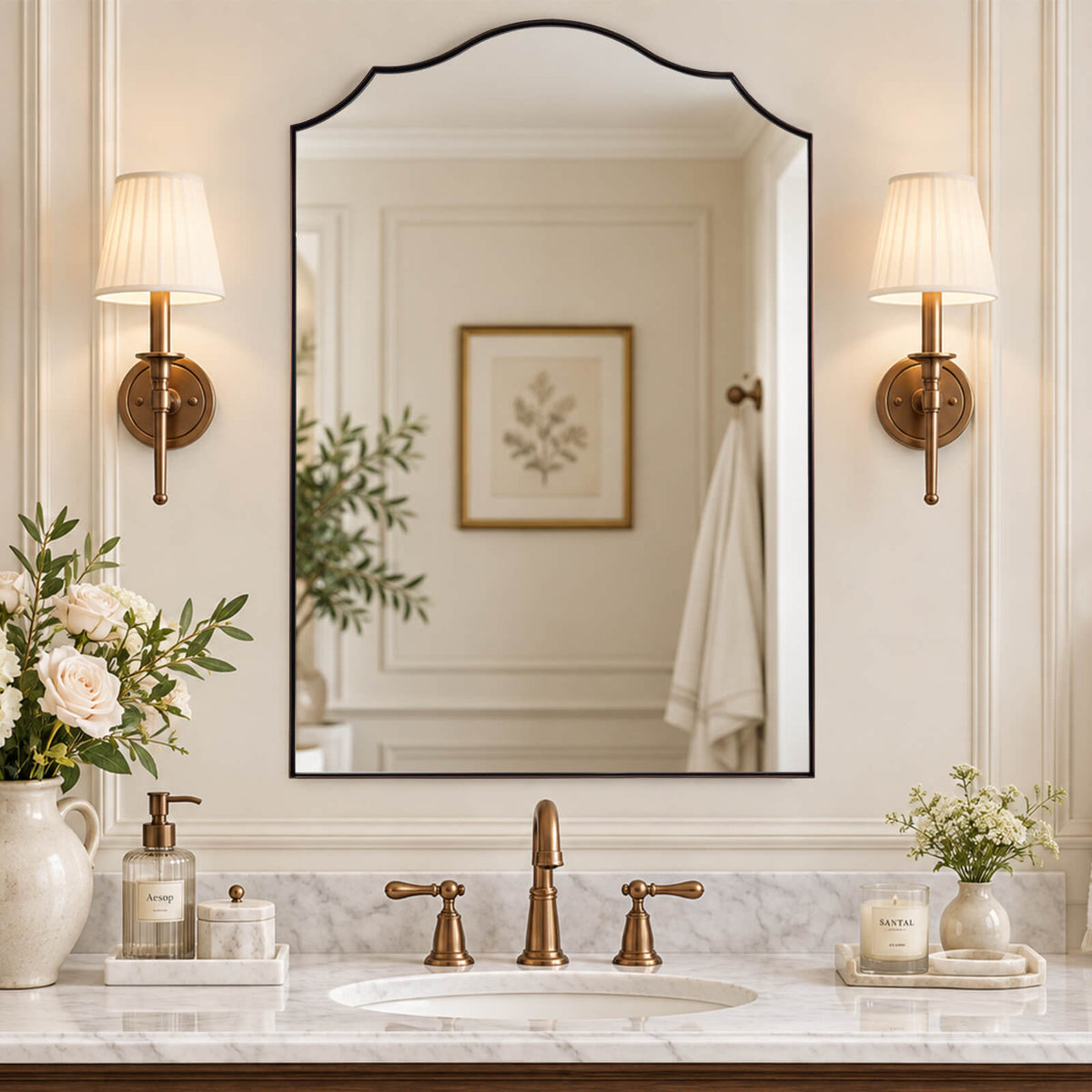 Contemporary Arched Curved Scalloped Mirror Bathroom Vanity Mirror | Stainless Steel Frame