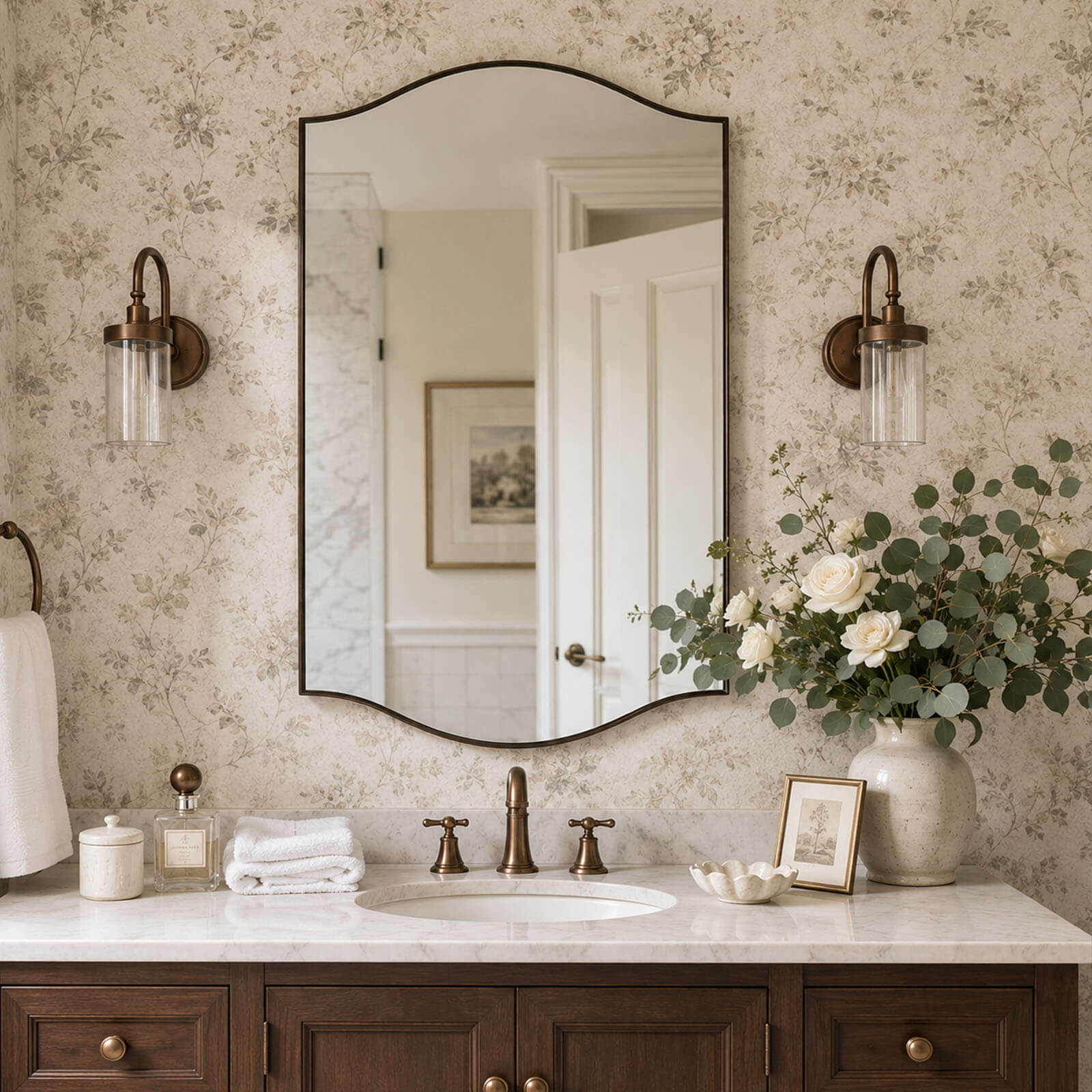 Dual Curve Arch Rectangular Scalloped Bathroom Wall Mirror |Stainless Steel Framed