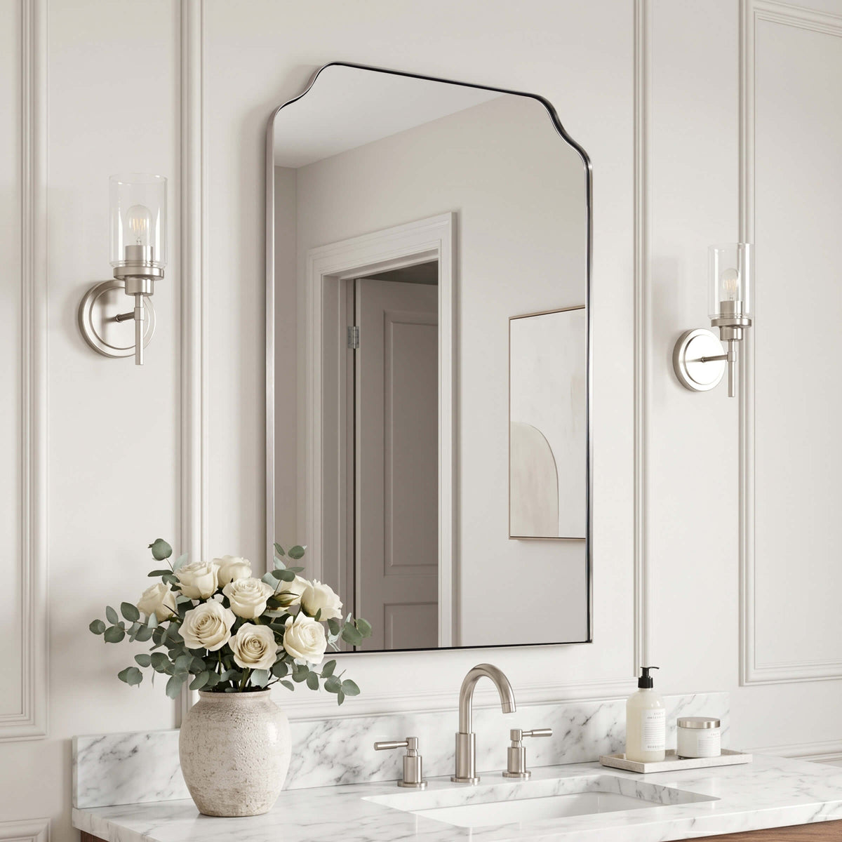 Contemporary Top Notched Corner Rectangle Scalloped Bathroom Vanity Mirror | Stainless Steel Frame