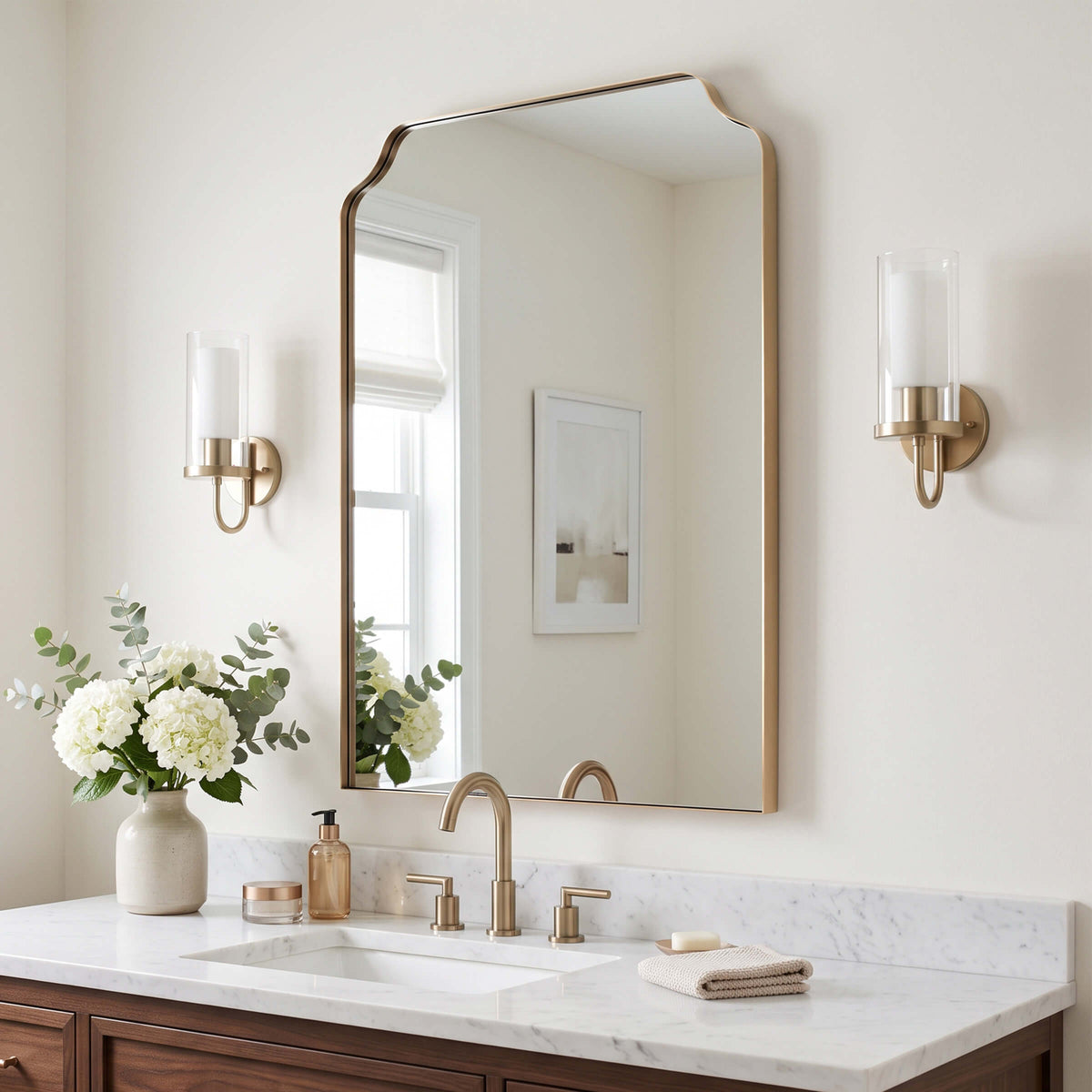Contemporary Top Notched Corner Rectangle Scalloped Bathroom Vanity Mirror | Stainless Steel Frame