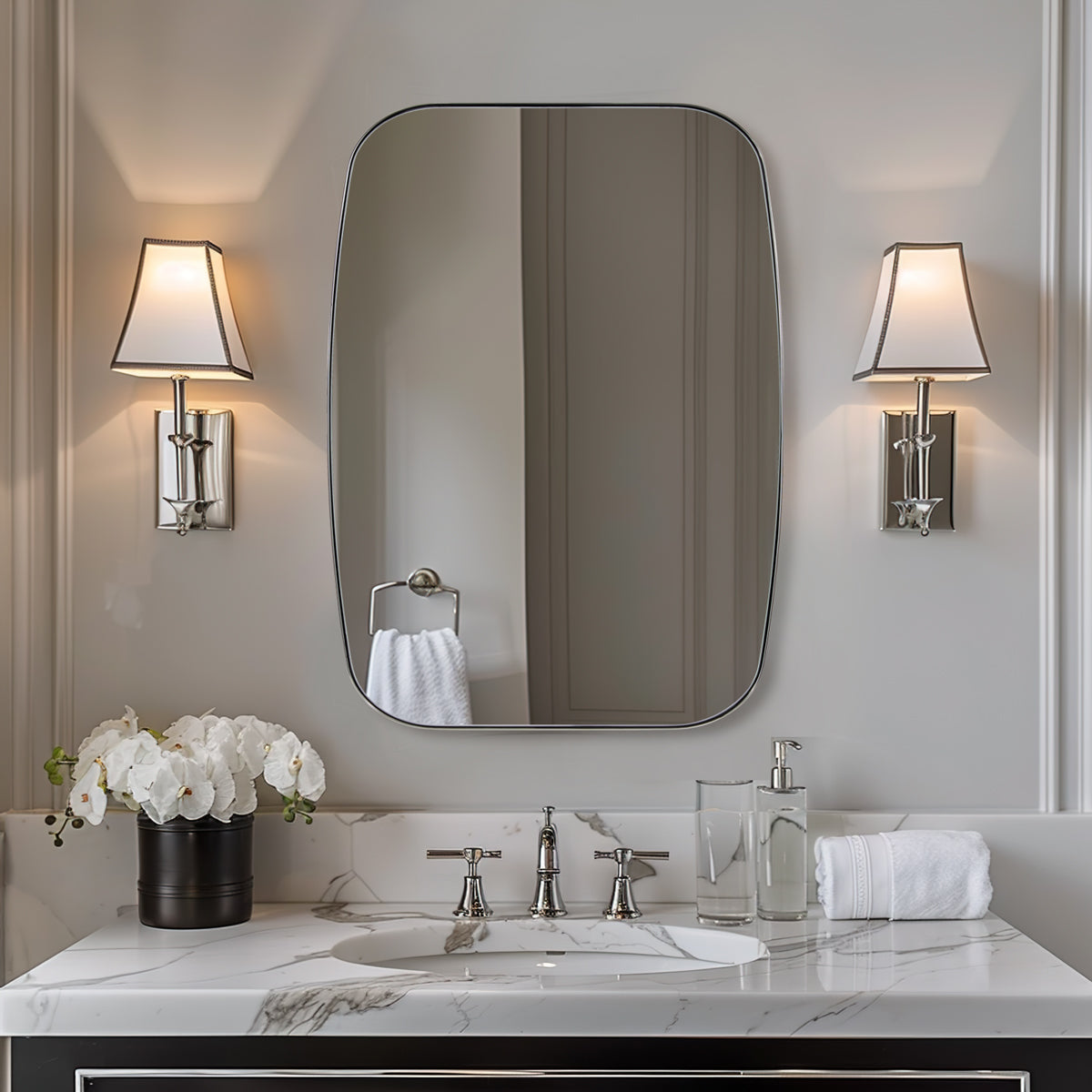 Modern Oblong Bathroom Mirror Long Oval Mirror | Stainless Steel Frame