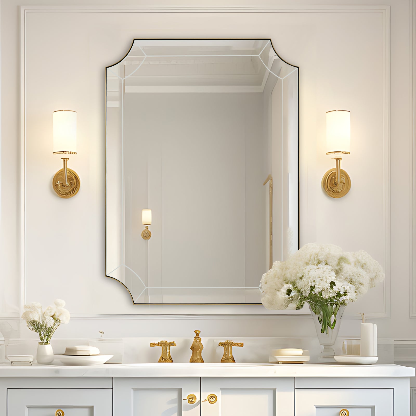Minuette Glass Tiles Edge Scalloped Bathroom Vanity Mirrors | Stainless Steel Frame