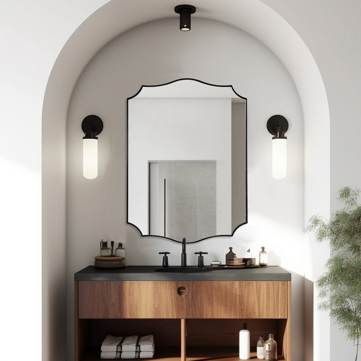 Traditional Rectangle Scalloped Wall Mirror for Bathroom | Stainless Steel Frame