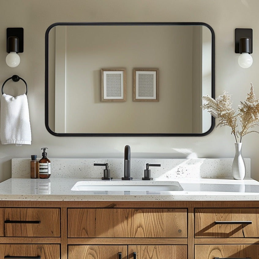 Contemporary Rounded Rectangular Bathroom Wall Mirror |Thicker Stainless Steel Framed